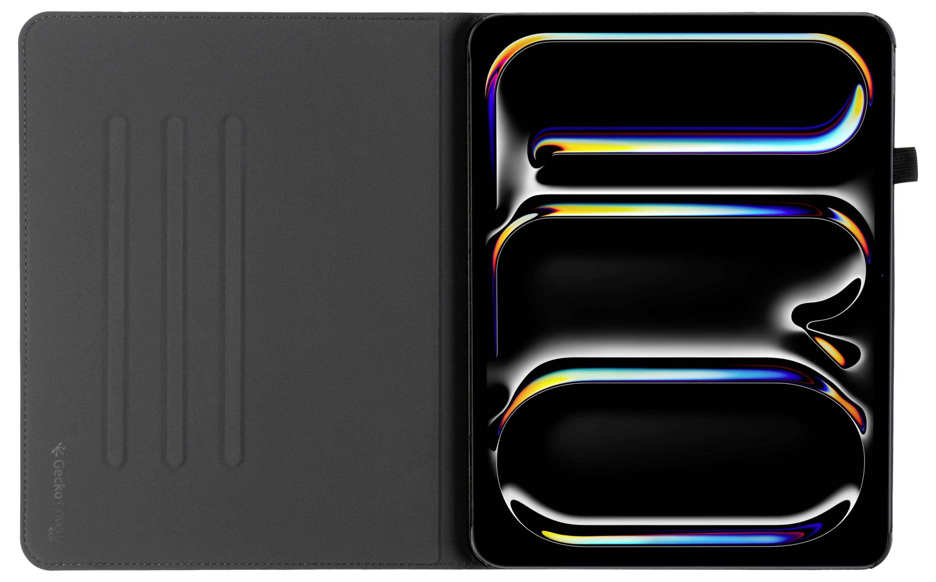 Ein schlankes, modernes Tablet mit einem lebendigen, bunten abstrakten Design auf dem Bildschirm. Das Gerät ist teilweise von einer dunklen Hülle verdeckt.