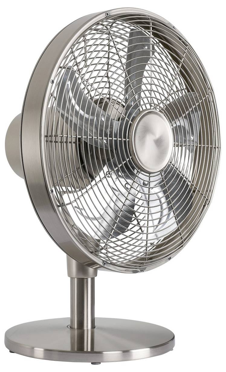 Ein silberner Metall-Oszillationsventilator mit rundem Standfuß und Schutzgitter, geeignet für den Tischgebrauch.