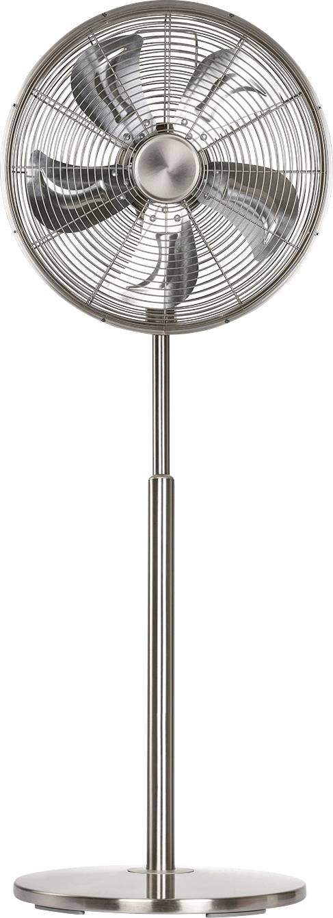 Ein Standventilator mit einem Metallgehäuse, drei Flügeln und verstellbarer Höhe, entwickelt für Kühlung und Luftzirkulation in Innenräumen.