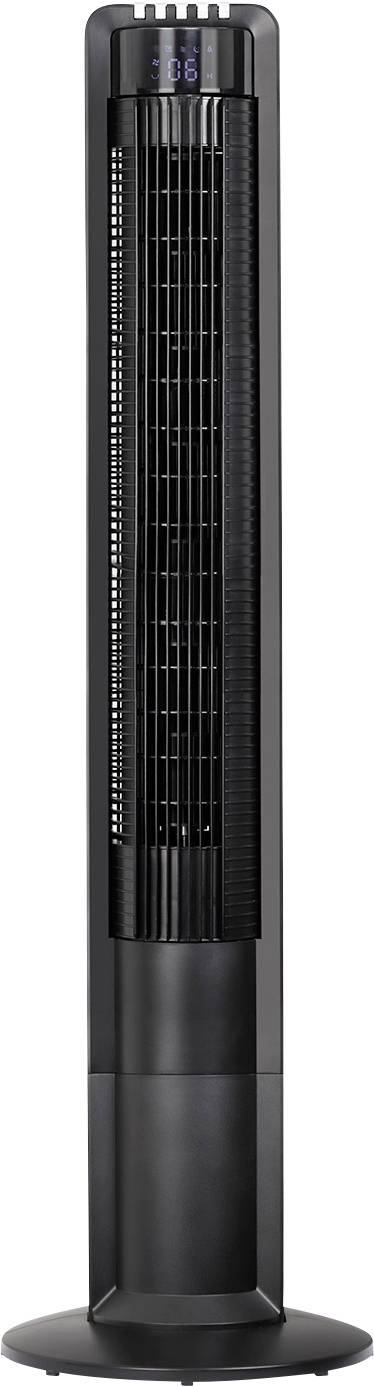 Hoher schwarzer Turmventilator mit digitalem Display, ausgestattet mit vertikalen Lamellen für die Luftzirkulation.