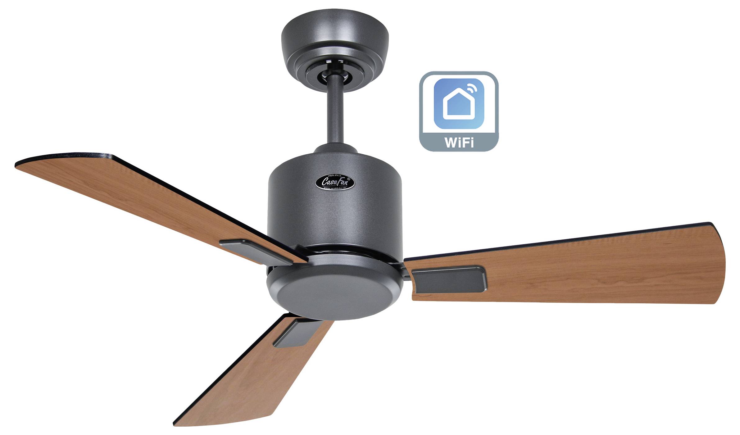 CasaFan ECO NEO III 92 BG-SW/TK WiFi Flügel Schwarz/Teak Deckenventilator Basalt-Grau mit Fernbedienung, Timer, Winterbetrieb