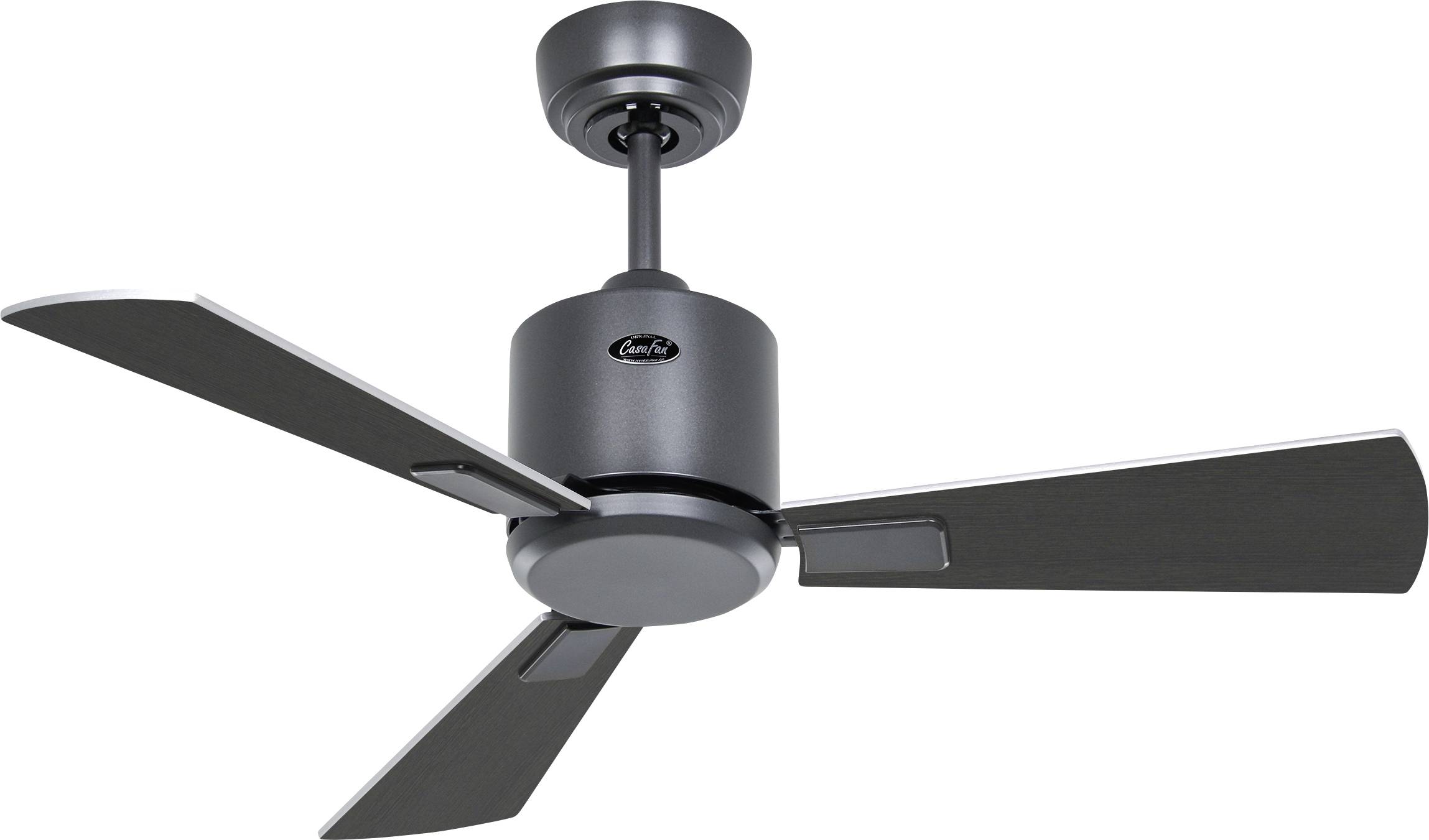 Ein schwarzer Deckenventilator mit drei Flügeln und einer zentralen Motoreinheit, die an der Decke montiert ist.