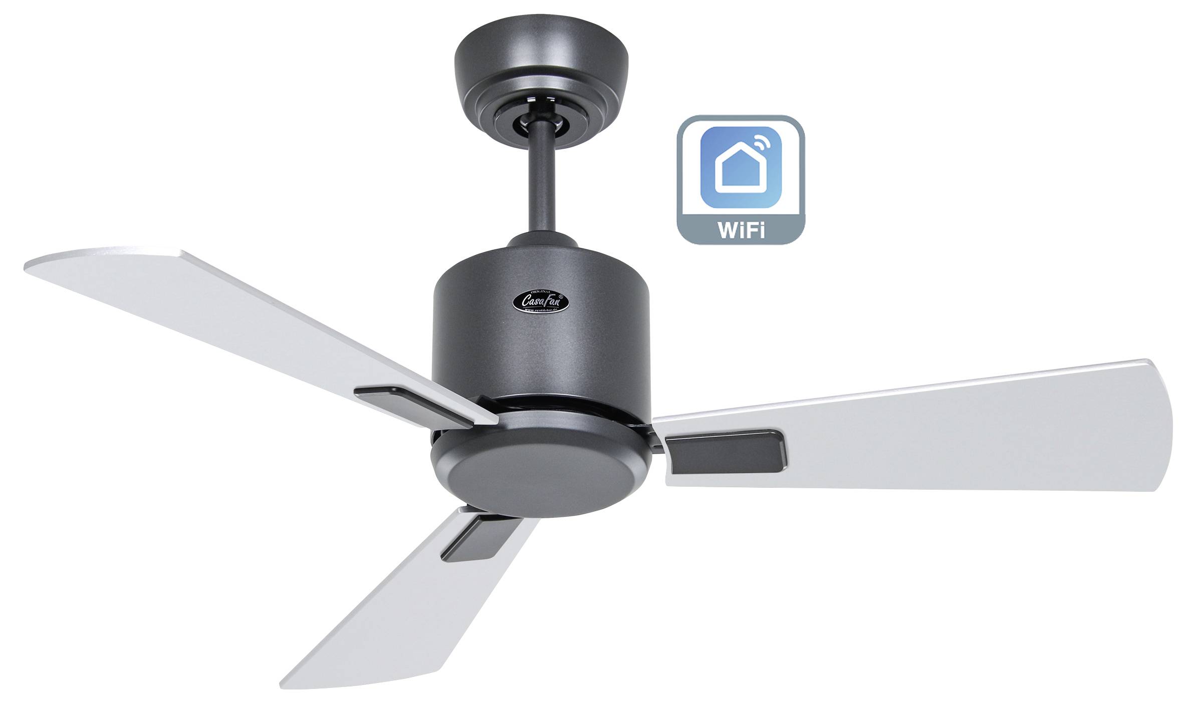 Ein moderner Deckenventilator mit drei Flügeln und einem WLAN-Symbol, das intelligente Konnektivitätsfunktionen anzeigt.