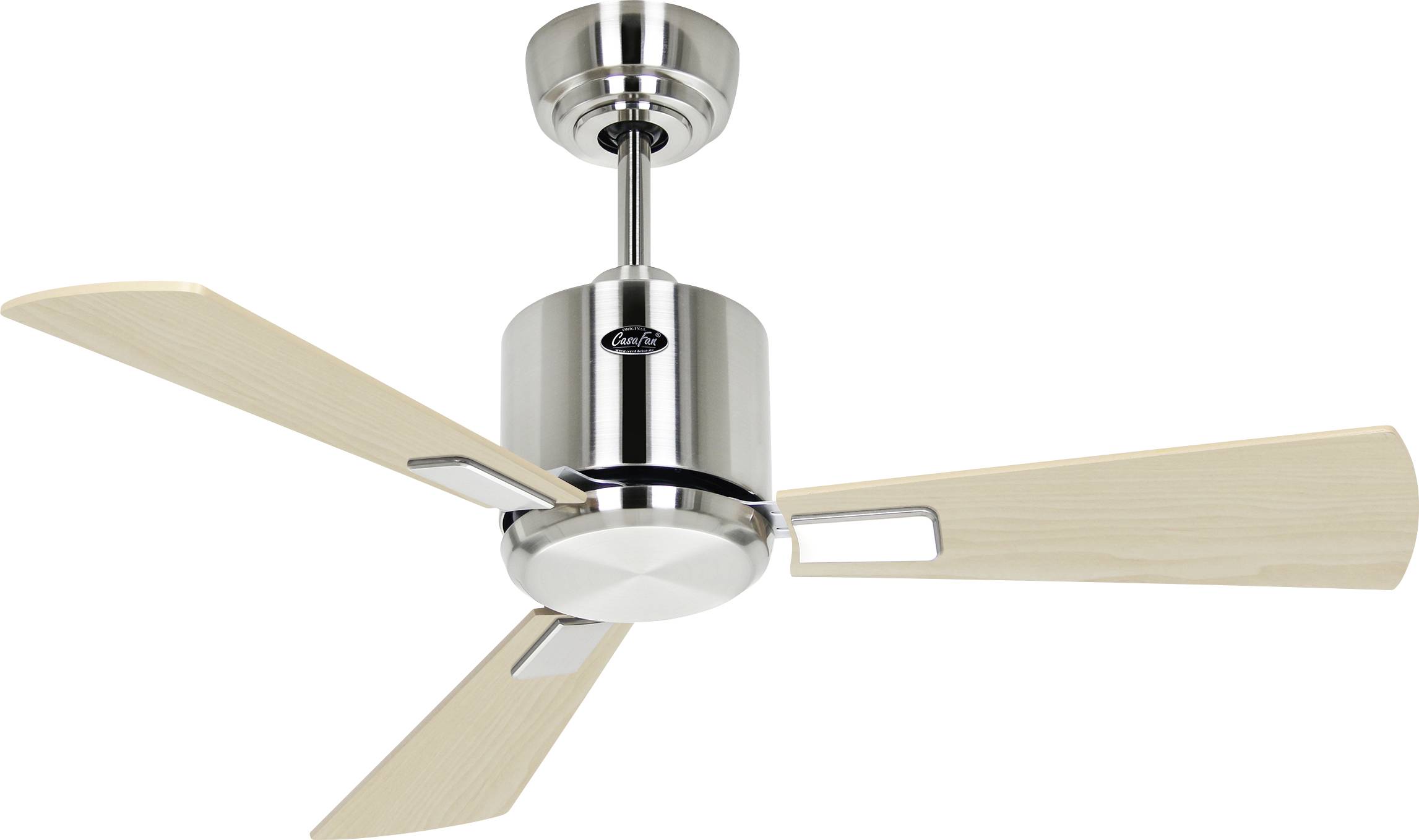 Ein Deckenventilator mit drei Holzflügeln und einem metallischen silbernen Sockel, entwickelt für den Innenbereich.