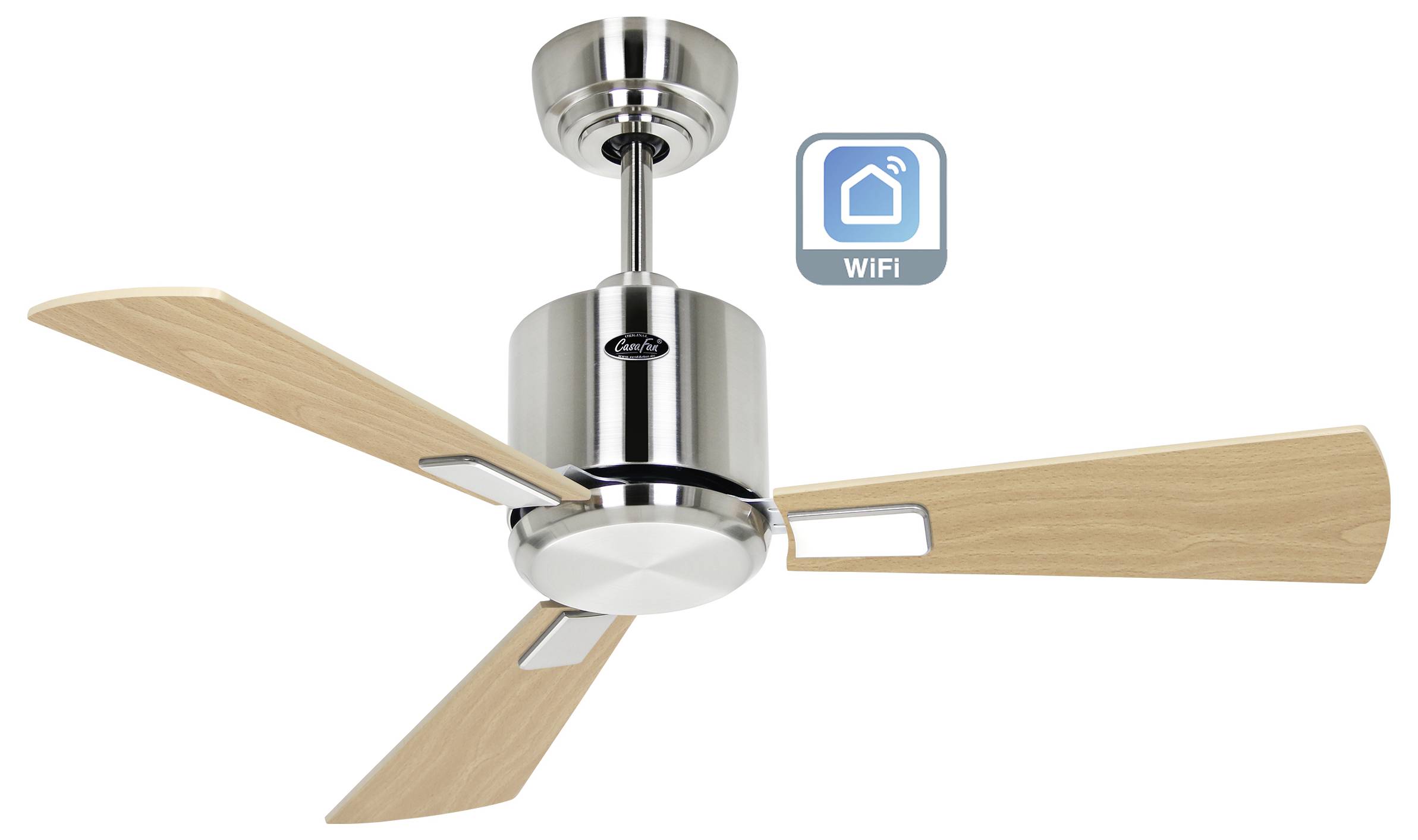 Deckenventilator mit drei Holzflügeln und metallischem Finish, ausgestattet mit WLAN-Konnektivität, wie durch ein kleines Symbol angezeigt.