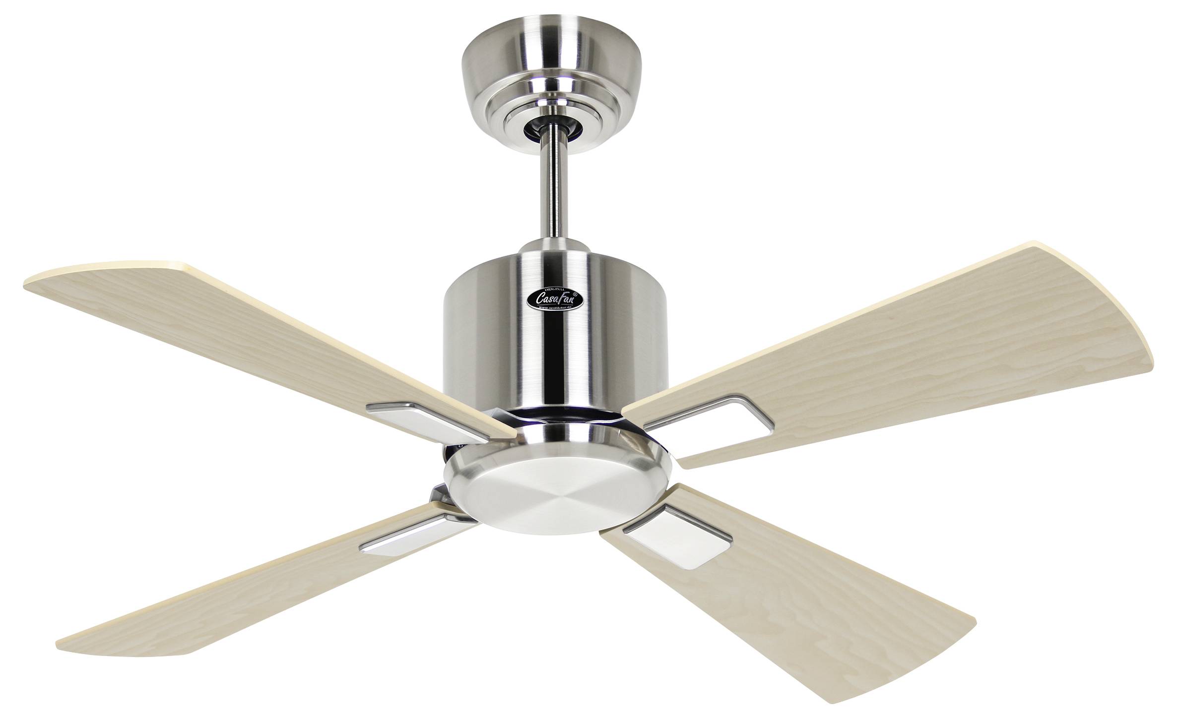 Ein moderner Deckenventilator mit einem Korpus aus gebürstetem Metall und vier hellen Holzflügeln, konzipiert für den Innenbereich.