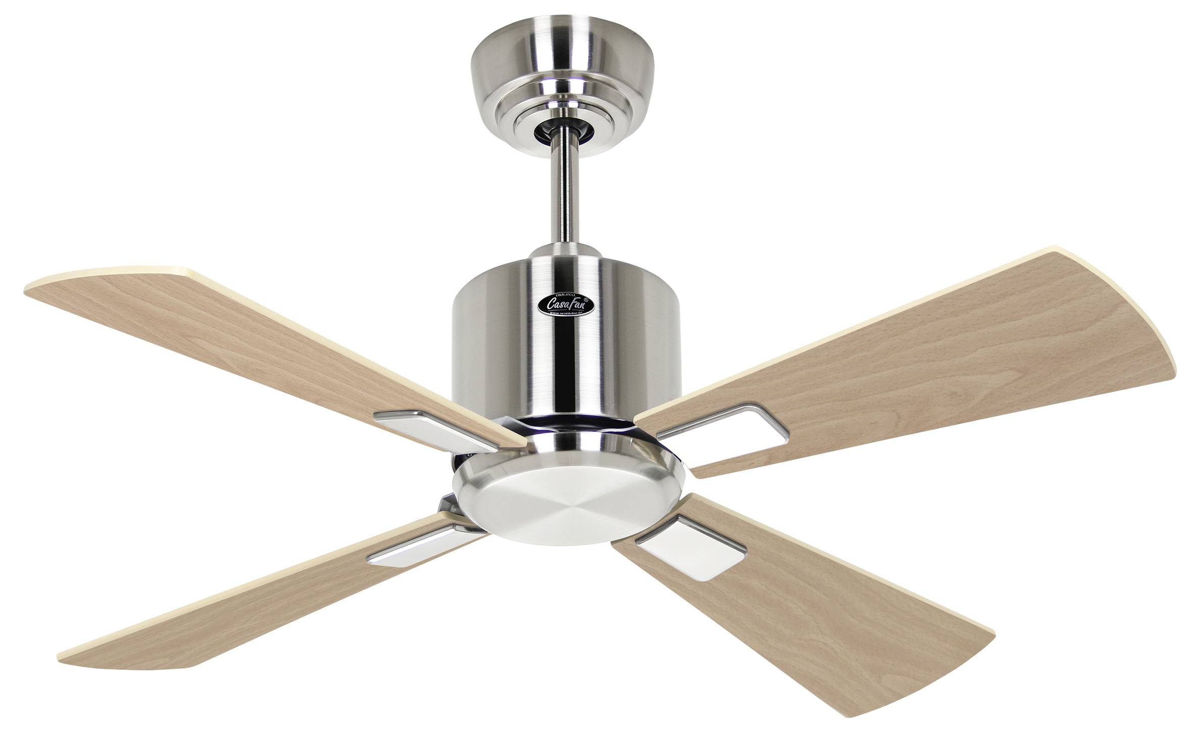 Ein silberner Deckenventilator mit vier Holzflügeln.