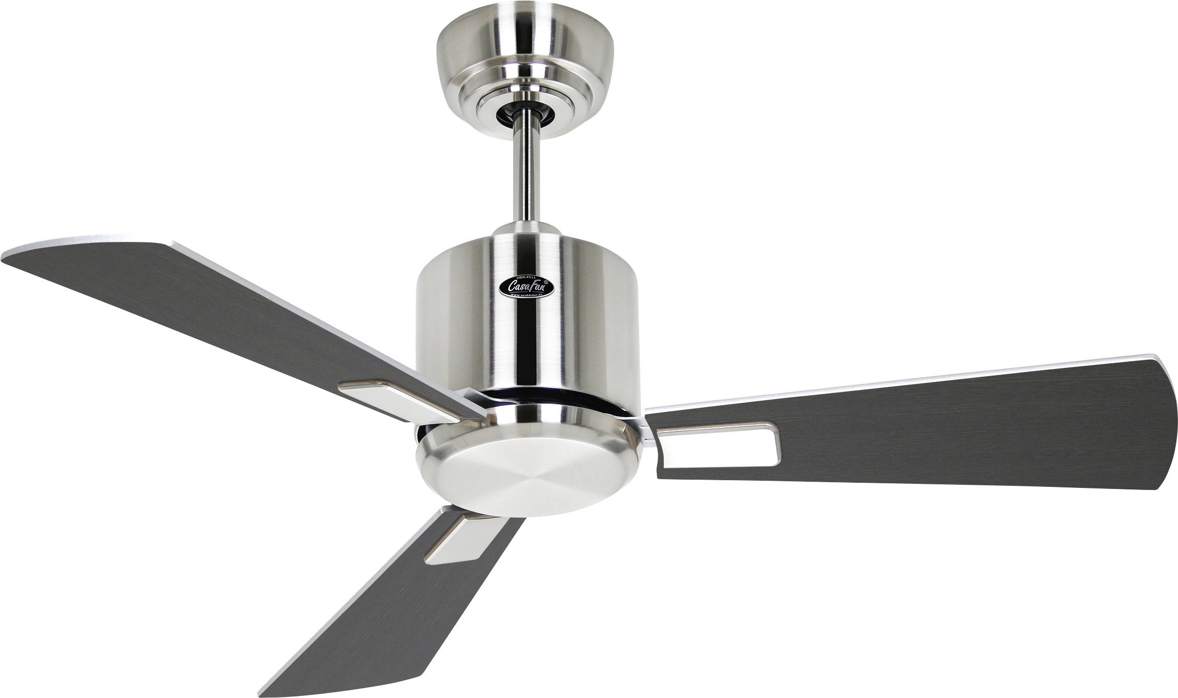 Ein moderner Deckenventilator mit drei dunklen Flügeln und einer Edelstahl-Oberfläche, montiert auf einem passenden metallischen Sockel, mit minimalistischem Design.