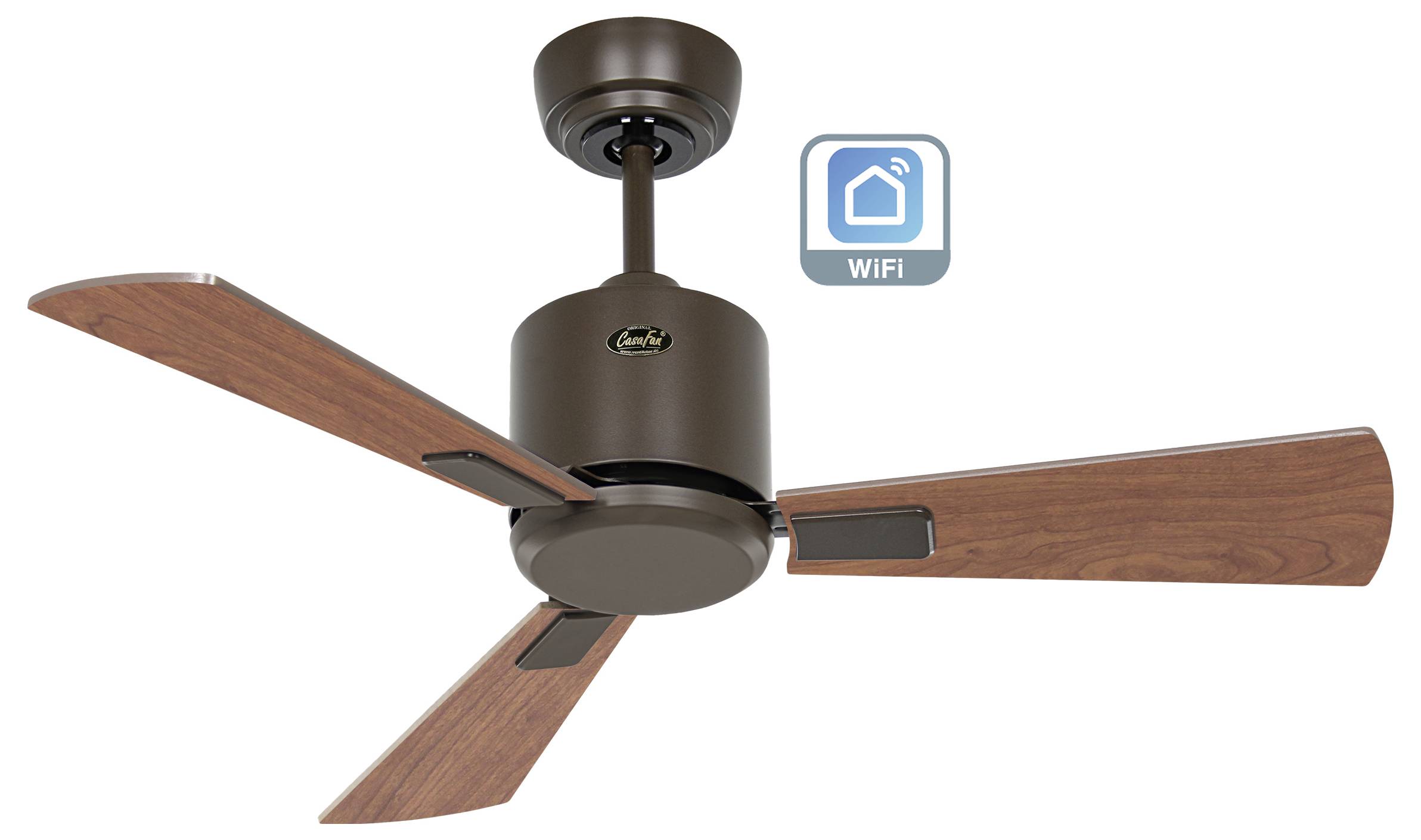 Deckenventilator mit drei Holzflügeln und einem braunen Motorgehäuse. Ein 'WiFi'-Symbol wird angezeigt, das auf intelligente Konnektivitätsfunktionen hinweist.