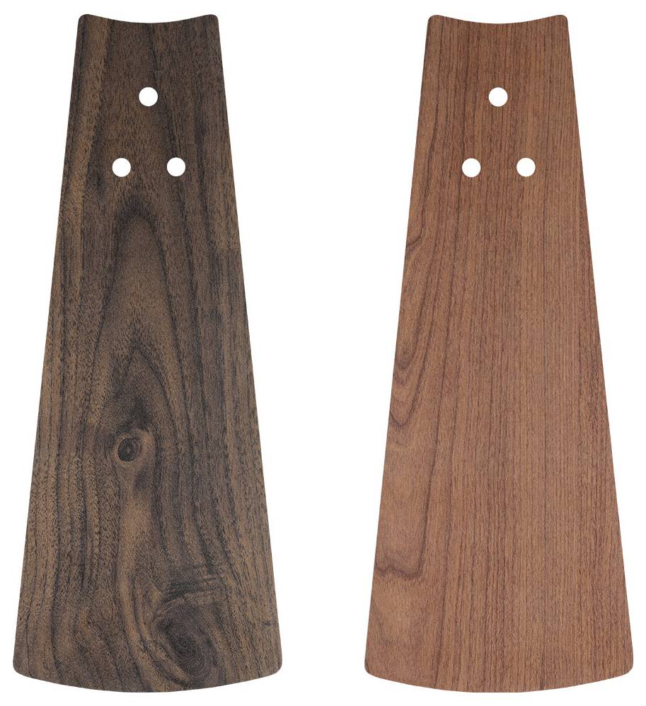 Zwei Holz-Ventilatorblätter, eines dunkel mit sichtbaren Maserungsmustern, das andere heller und glatter, beide mit drei Löchern nahe der Oberkante.