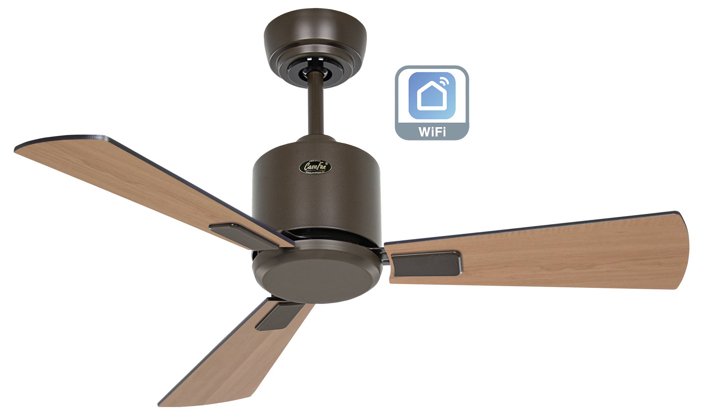 Ein Deckenventilator mit drei Holzflügeln und einem WLAN-Konnektivitätssymbol zeigt intelligente Funktionalität an.