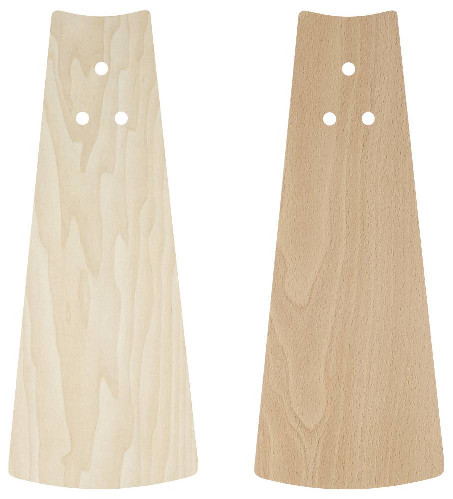 Zwei Holz-Ventilatorflügel mit heller Oberflächenbehandlung, jeder mit drei Schraubenlöchern, nebeneinander zur Vergleichung der Holzmaserungsmuster dargestellt.