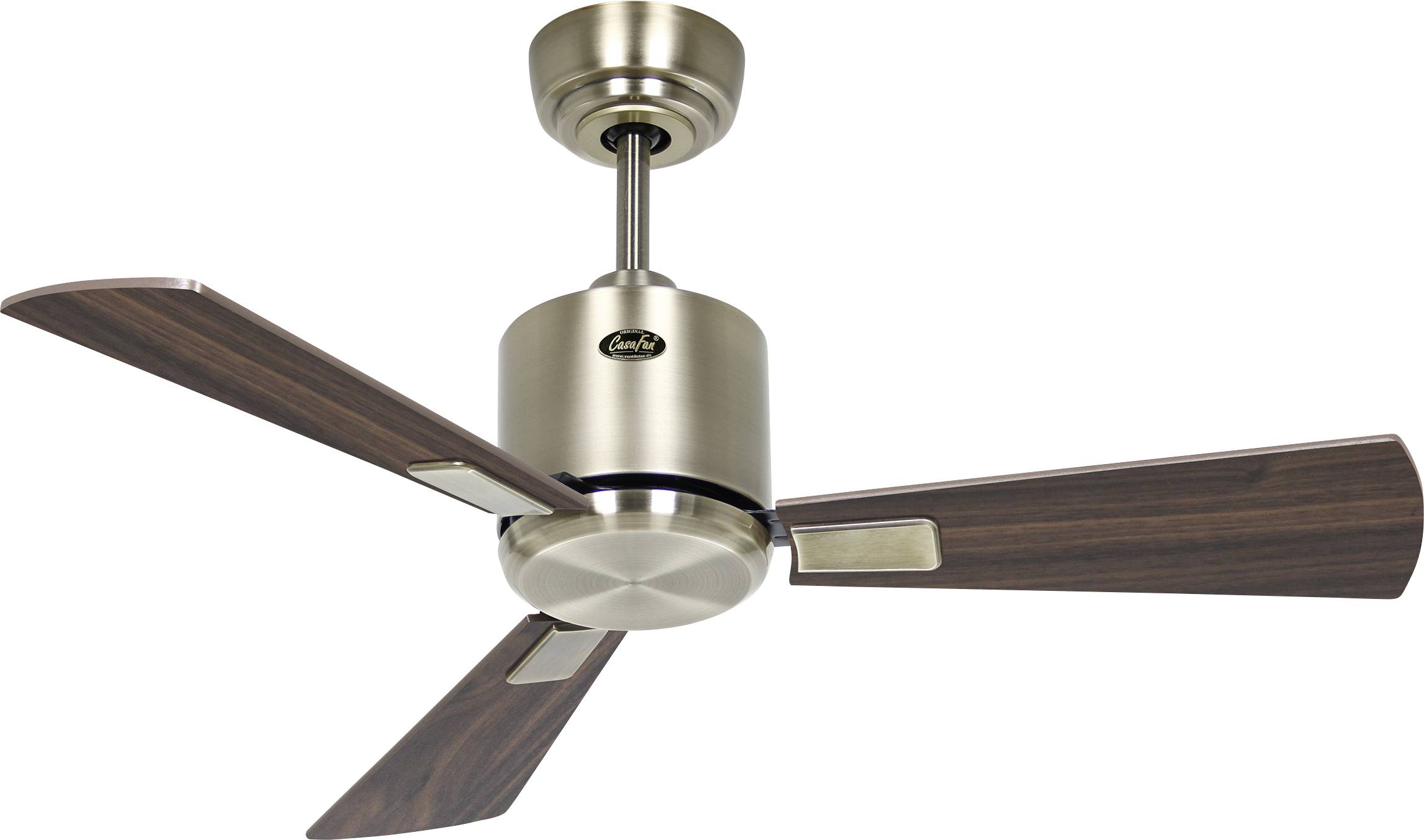 Ein Deckenventilator mit drei dunklen Holzflügeln und einer eleganten Metallfassung in der Mitte.