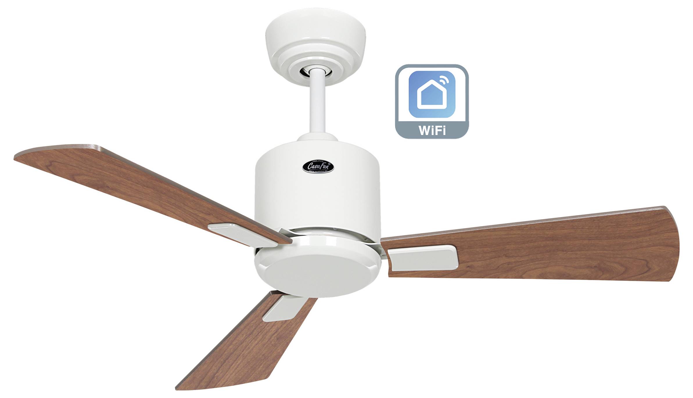 Ein Deckenventilator mit drei Holzflügeln und einem modernen weißen Motor. Ein WLAN-Konnektivitätssymbol wird angezeigt, was auf intelligente Funktionen hindeutet.