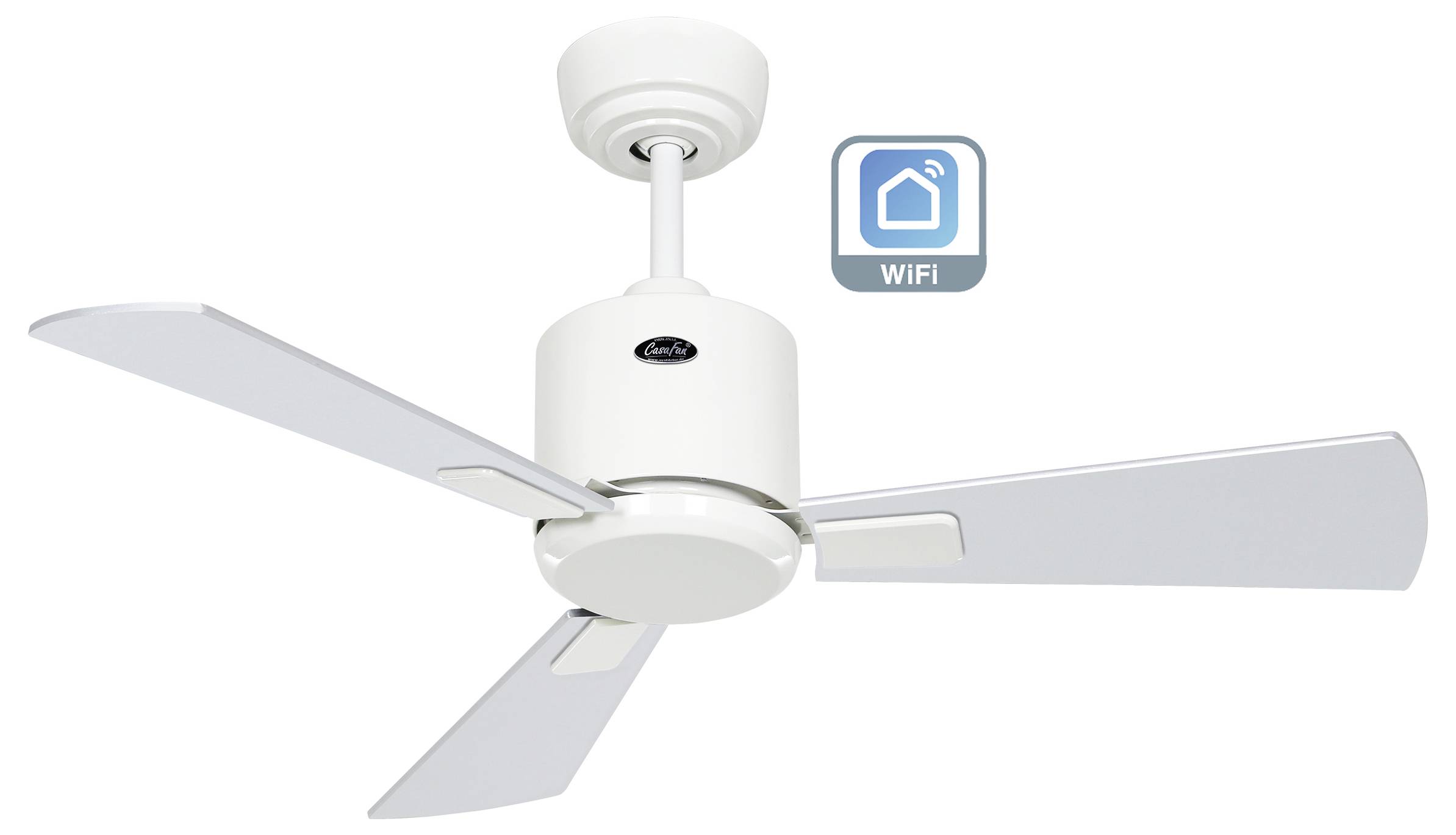 Deckenventilator mit drei weißen Flügeln, der ein WLAN-Symbol zeigt, das Konnektivitätsfunktionen anzeigt.