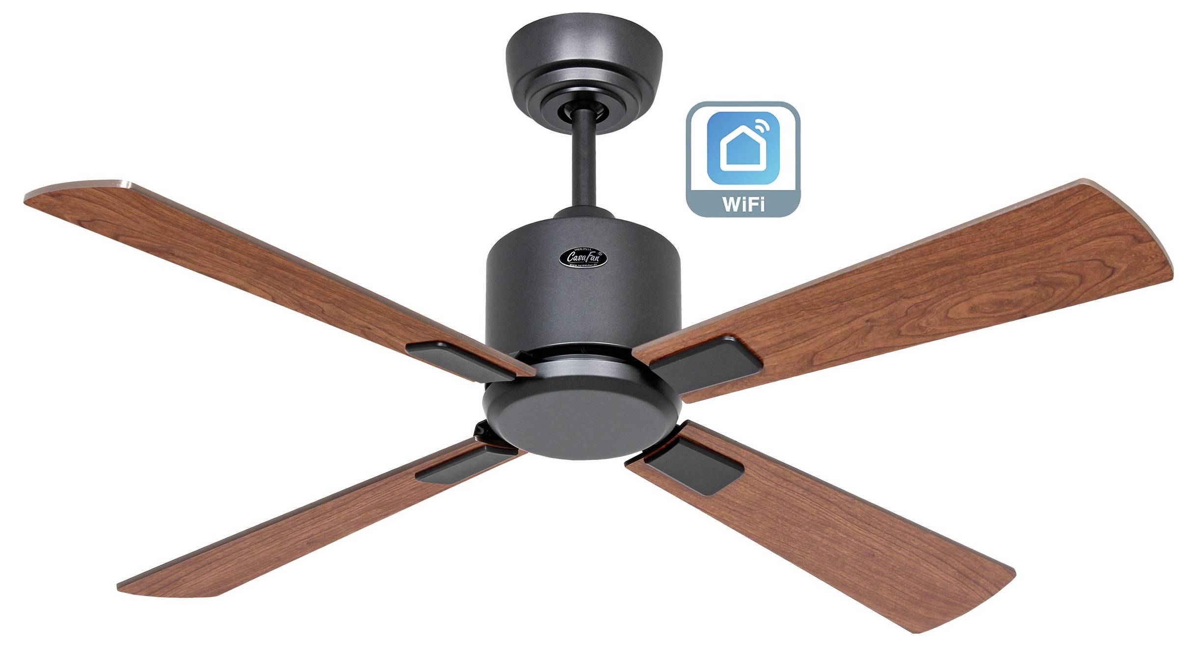 Deckenventilator mit vier Holzflügeln, schwarzem Motorgehäuse und einem hervorgehobenen 'WiFi'-Symbol, das die Smart-Home-Konnektivitätsfunktion anzeigt.