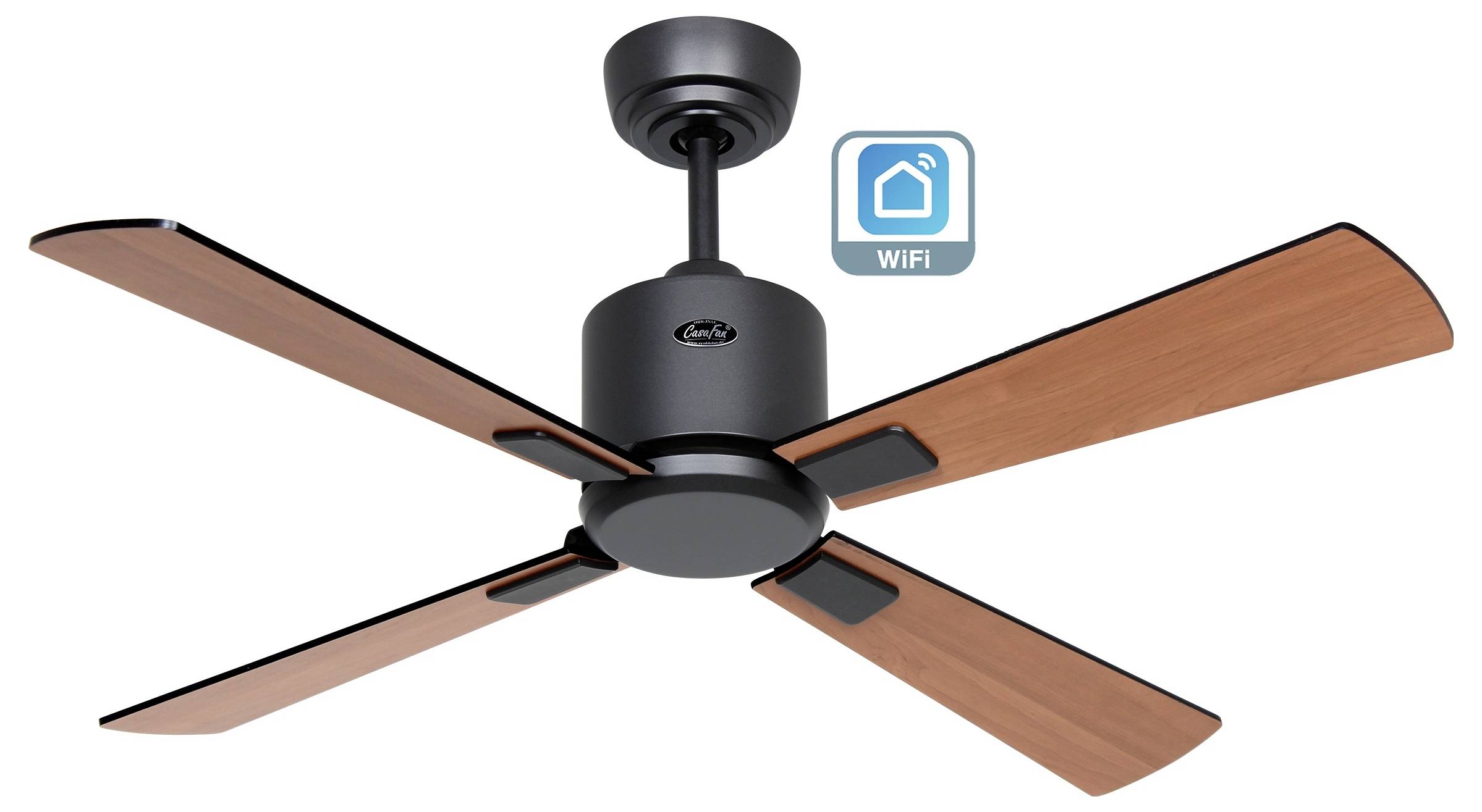 Ein Deckenventilator mit vier Holzflügeln und einem schwarzen Motorgehäuse. Ein 'WiFi'-Symbol zeigt intelligente Konnektivitätsfunktionen an.
