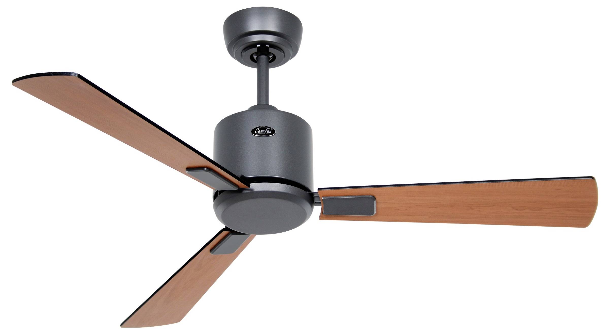 Deckenventilator mit drei Holzflügeln und einem modernen Metallsockel, geeignet für zeitgenössische Wohnungseinrichtungen.