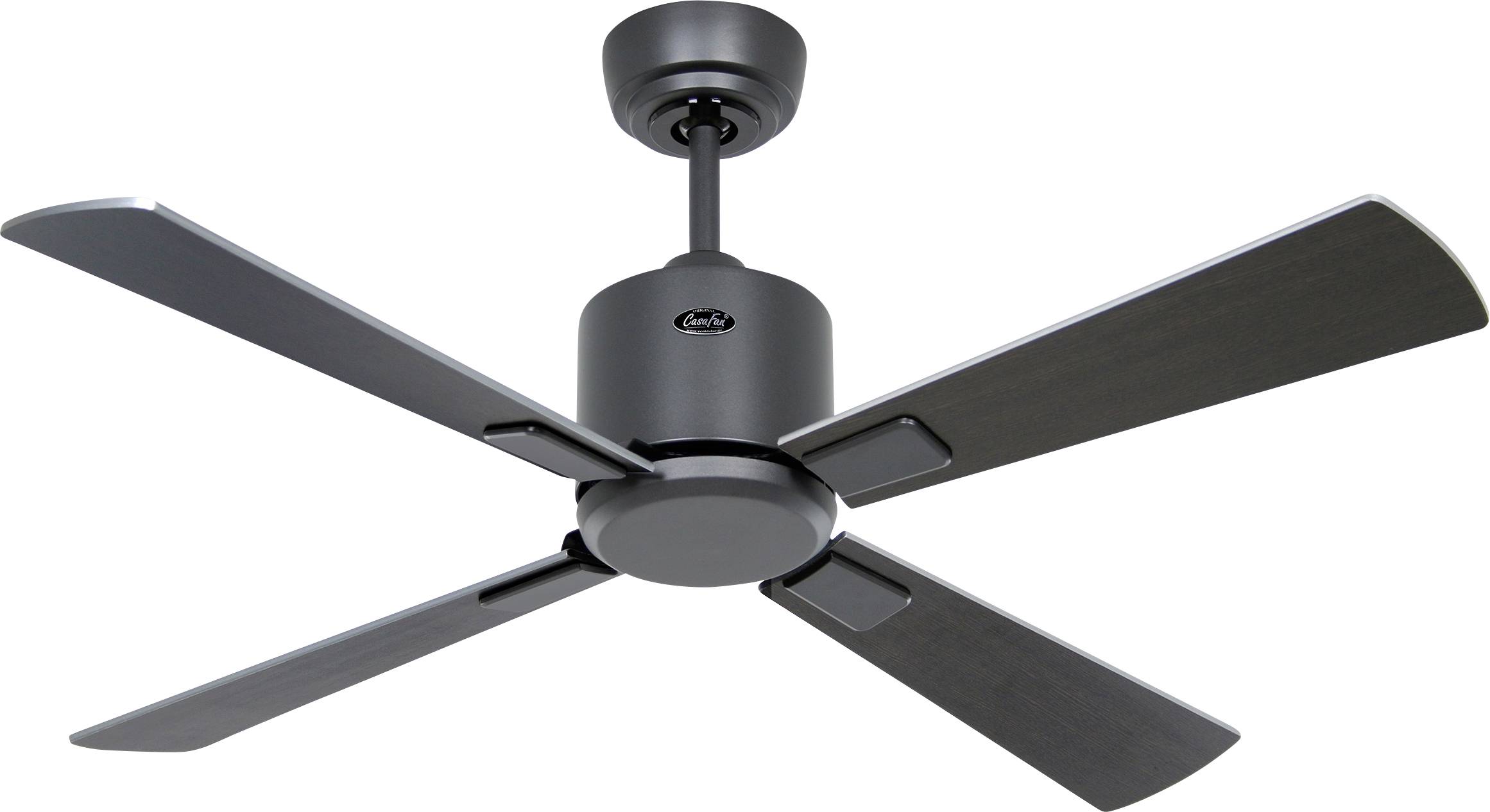 Ein moderner Deckenventilator mit eleganter, schwarzer Oberfläche und vier Flügeln, der ein minimalistisches Design zeigt, das für zeitgenössische Innenräume geeignet ist.