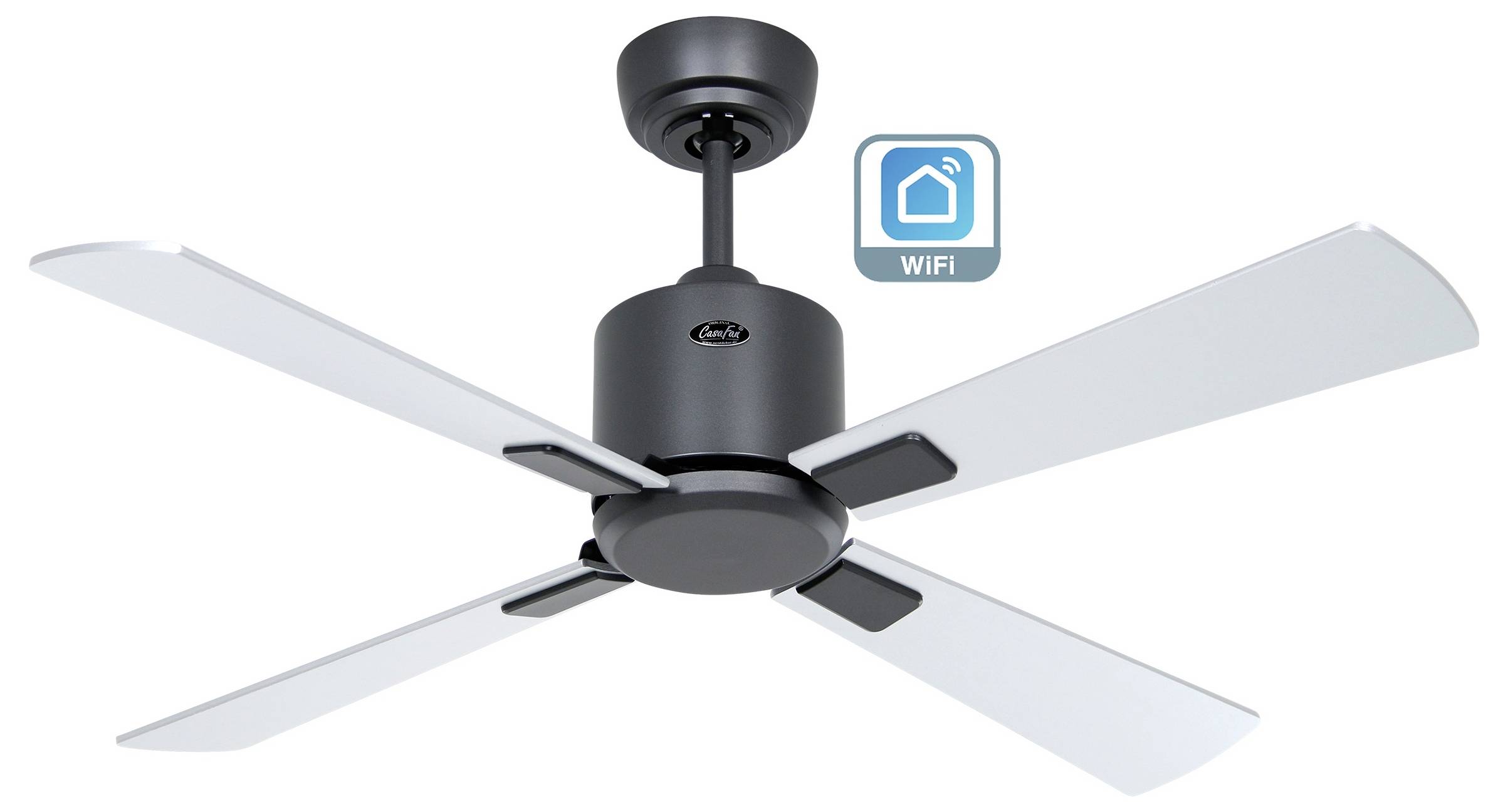 Ein Deckenventilator mit vier Flügeln und einem dunklen zentralen Motor, ausgestattet mit WiFi-Konnektivität, wie durch ein kleines WiFi-Symbol angezeigt.