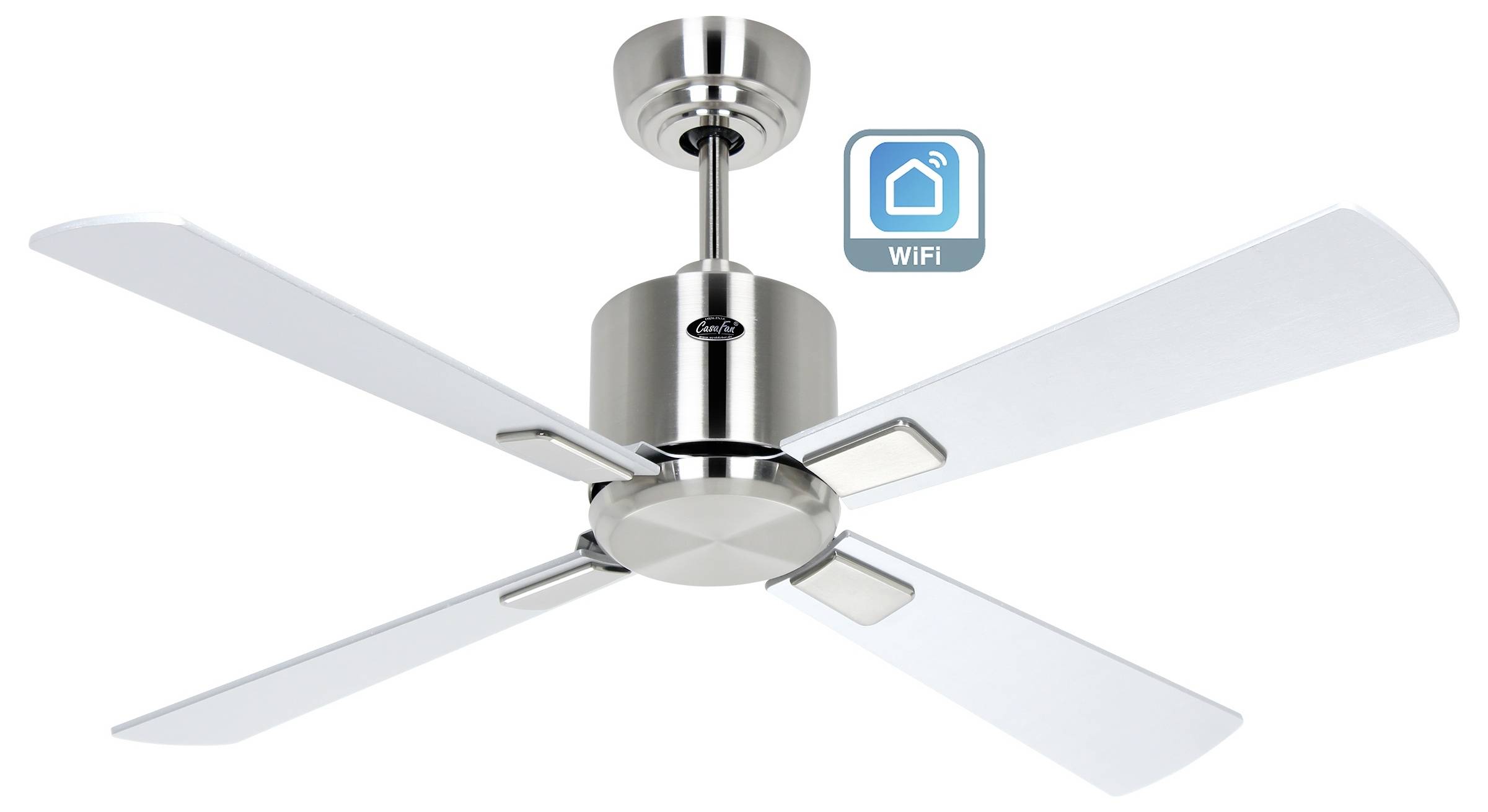 Deckenventilator mit vier Flügeln und metallischer Oberfläche. Beinhaltet WLAN-Konnektivität, zertifiziert durch ein kleines Logo, das ein Haus mit Signalen darstellt.