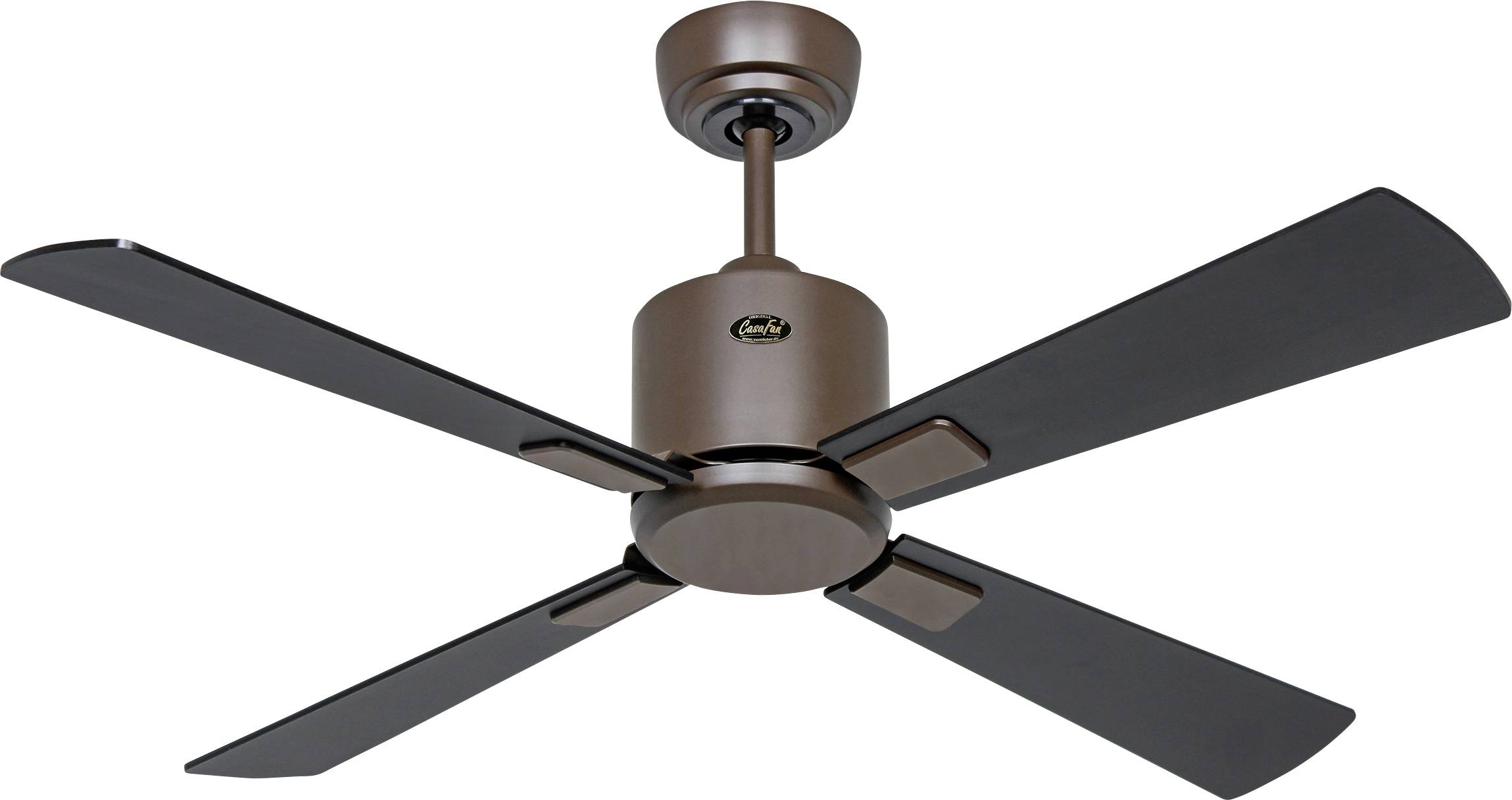 Ein brauner Deckenventilator mit vier schwarzen Flügeln und einem zentralen Motorgehäuse, entwickelt für die Luftzirkulation in Innenräumen.