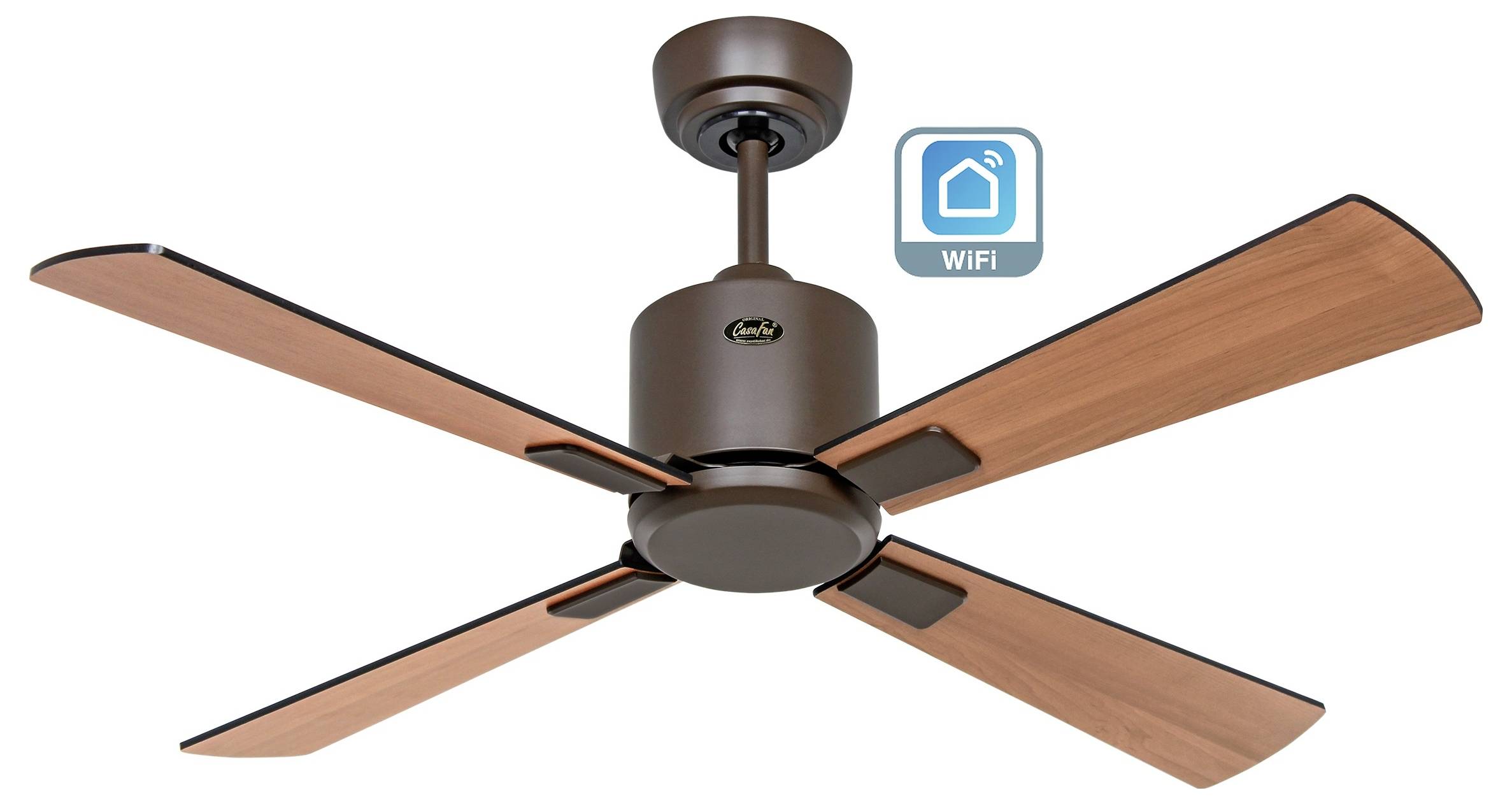 Ein Deckenventilator mit vier Holzflügeln, beschriftet mit 'WiFi', was auf intelligente Konnektivität hinweist.