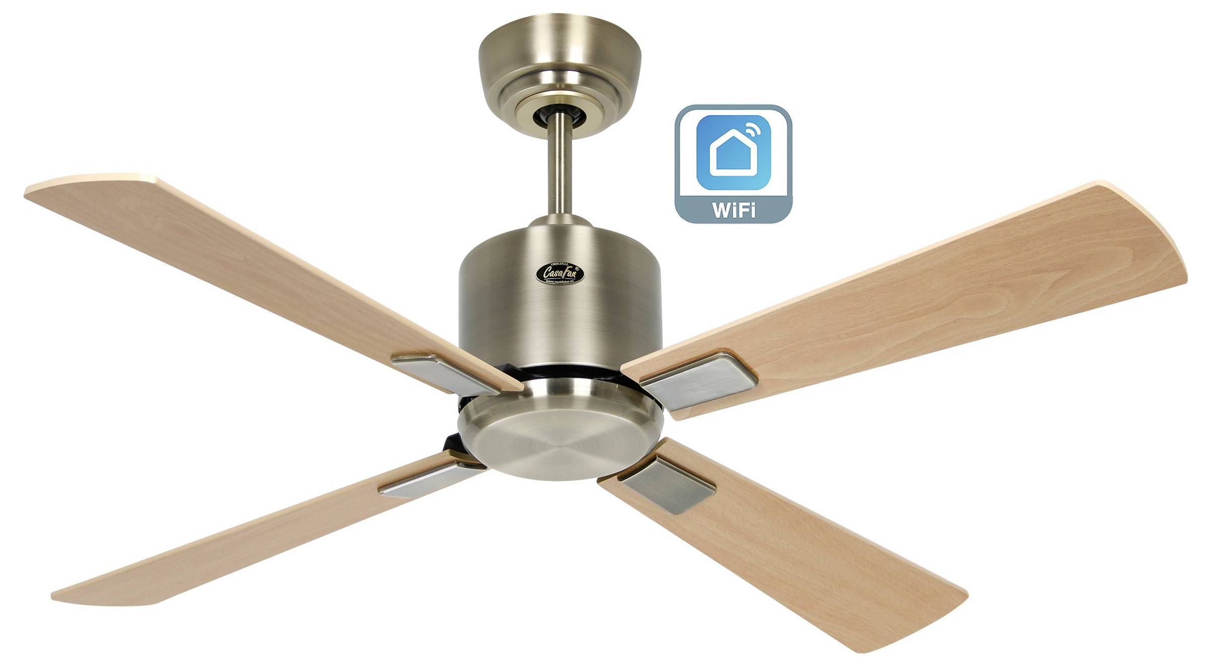 Ein Deckenventilator mit Holzflügeln und metallischer Oberfläche, der ein 'WiFi'-Symbol aufweist, das seine Smart-Funktionen anzeigt.