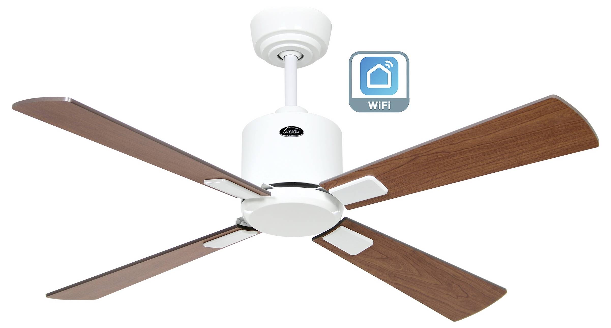 Ein weißer Deckenventilator mit vier Holzflügeln und einem 'WiFi'-Symbol, das die Smart-Home-Konnektivität anzeigt.