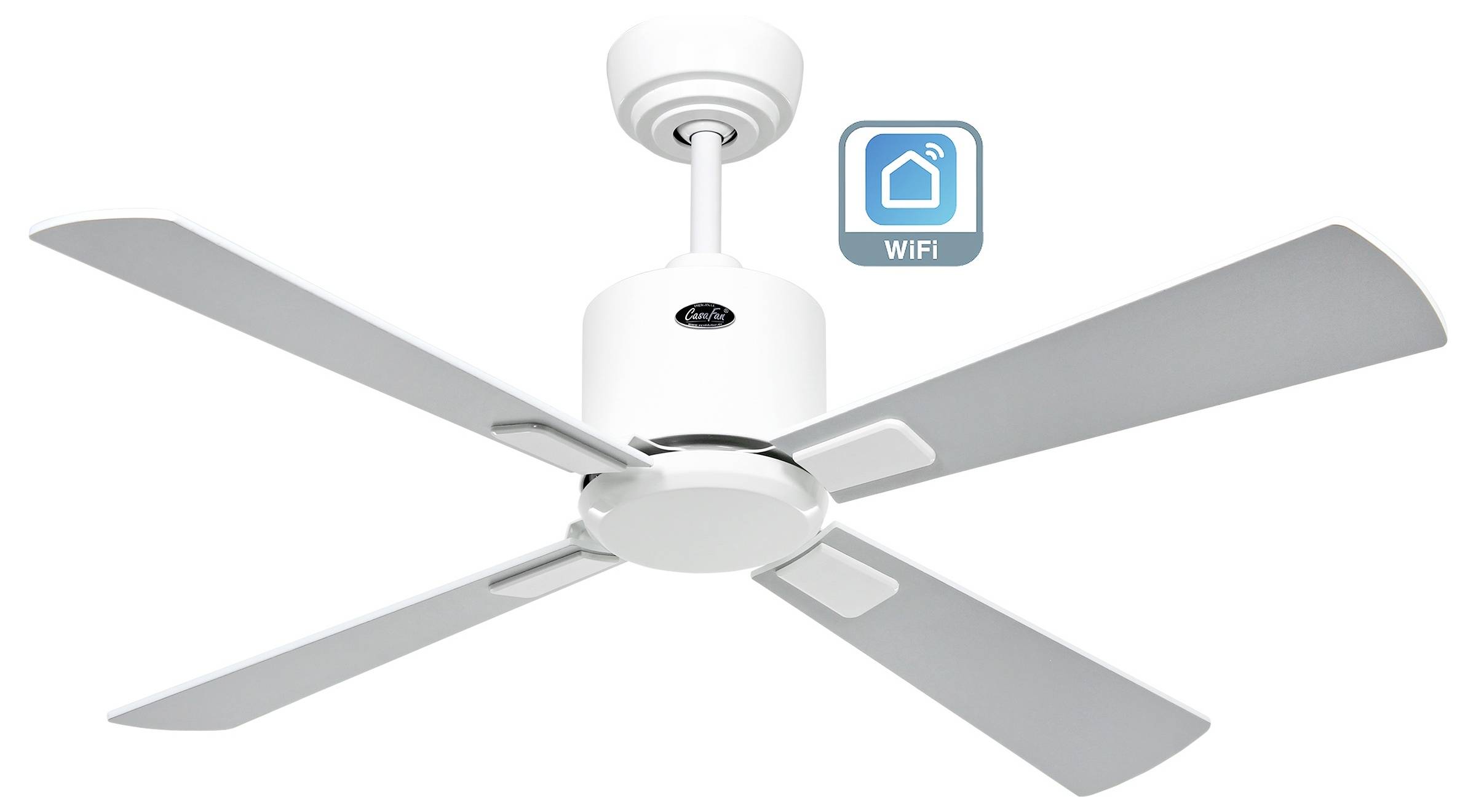 Ein weißer Deckenventilator mit vier Flügeln verfügt über intelligente WLAN-Konnektivität, die durch ein WLAN-Symbol angezeigt wird und eine Fernsteuerungsmöglichkeit suggeriert.