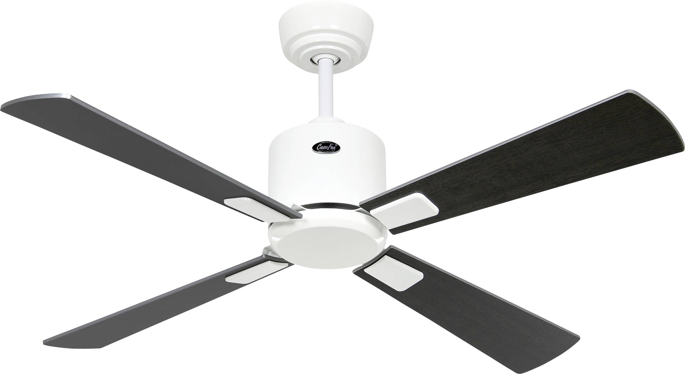 Deckenventilator mit vier schwarzen Flügeln und einem weißen runden Motorgehäuse, geeignet für moderne Wohnungseinrichtungen.
