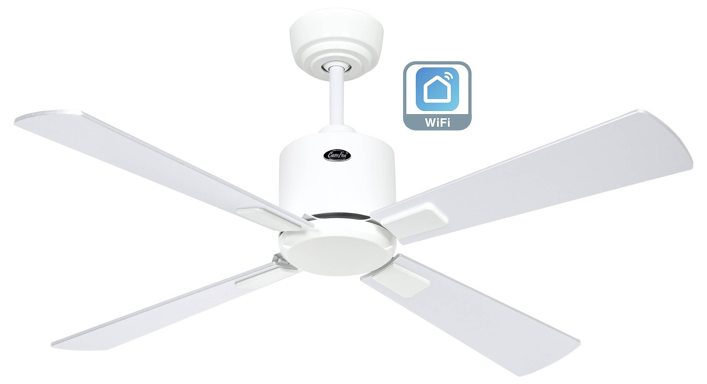 Ein weißer Deckenventilator mit vier Flügeln und einem WLAN-Symbol, das smarte Konnektivitätsfunktionen anzeigt.