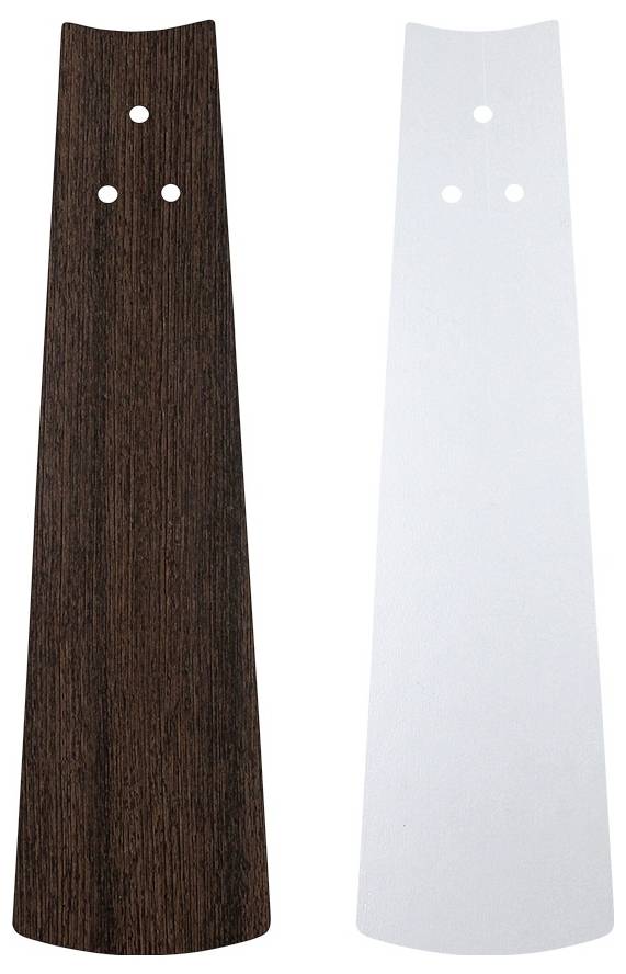 Zwei Ventilatorflügel nebeneinander: einer aus dunklem Holz, der andere in hellem Weiß, jeder mit drei Löchern zur Befestigung.