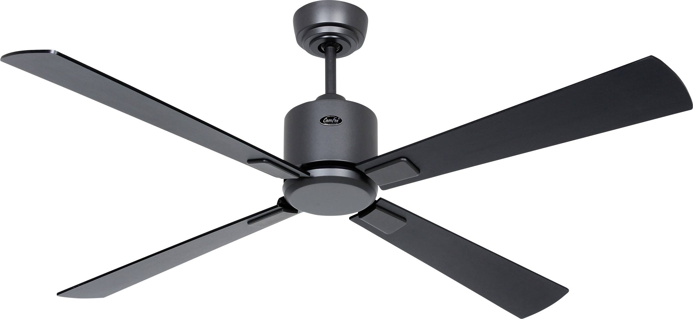 Ein schwarzer Deckenventilator mit vier Flügeln, die jeweils an einem zentralen Motorgehäuse und einer kurzen Pendelstange befestigt sind, für den Innenbereich konzipiert.