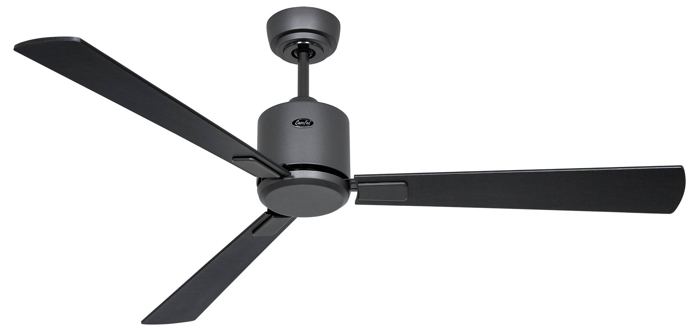 Ein schwarzer Deckenventilator mit drei Flügeln und einem schlichten, modernen Design.