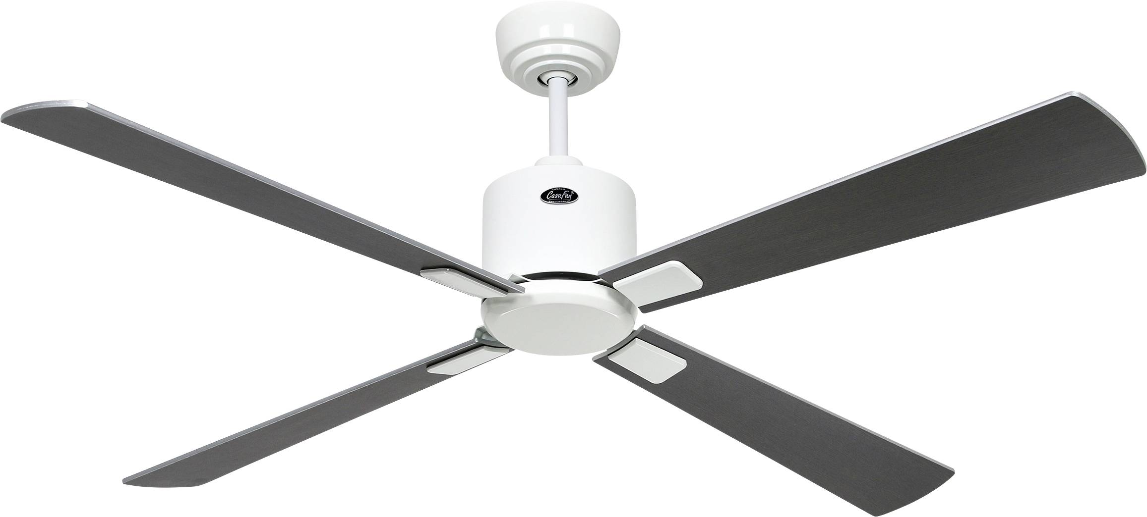 Ein moderner Deckenventilator mit vier schlanken Flügeln in einem kontrastierenden weißen und dunklen Finish, aufgehängt an einer weißen Deckenhalterung.