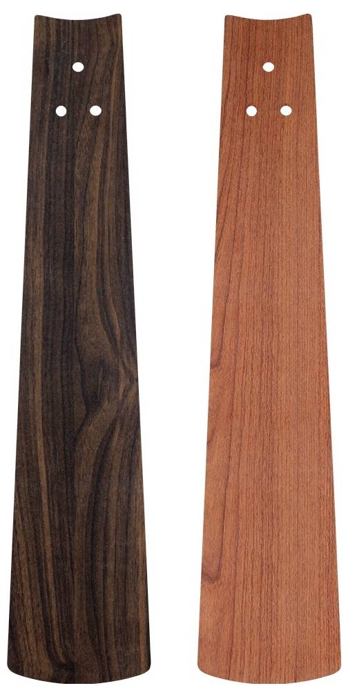 Zwei hölzerne Lüfterflügel nebeneinander; einer dunkelbraun mit Holzmaserung, der andere rötlich-braun, jeder mit drei Schraubenlöchern.