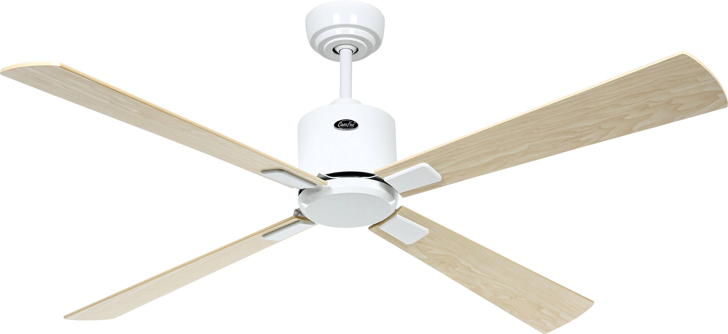 Ein weißer Deckenventilator mit vier hellhölzernen Flügeln; schlichtes, modernes Design.
