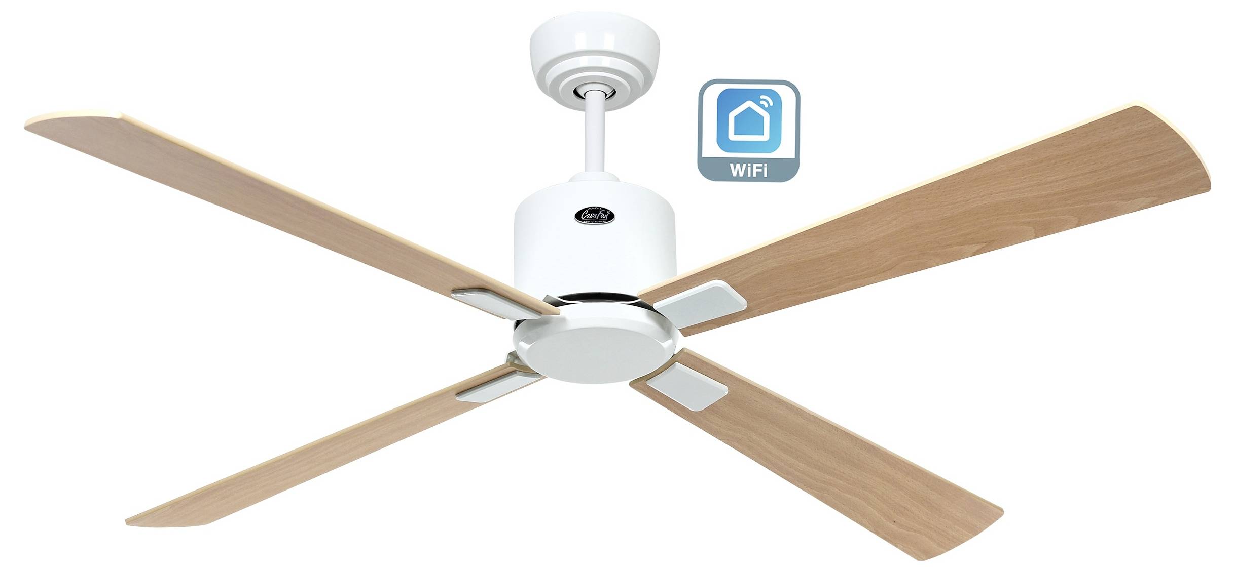 Eine weiße Deckenventilator mit vier Holzflügeln und einem WLAN-Konnektivitätssymbol, das die Smart-Home-Integration anzeigt.