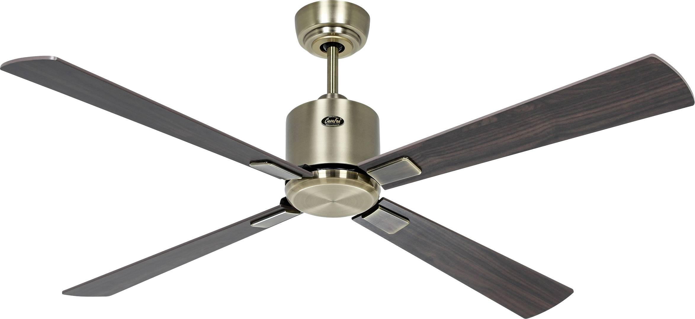 Ein vierflügeliger Deckenventilator mit gebürstet-messingfarbener Oberfläche und dunklen Holzflügeln, entwickelt für den Innenbereich, der eine moderne Ästhetik bietet.