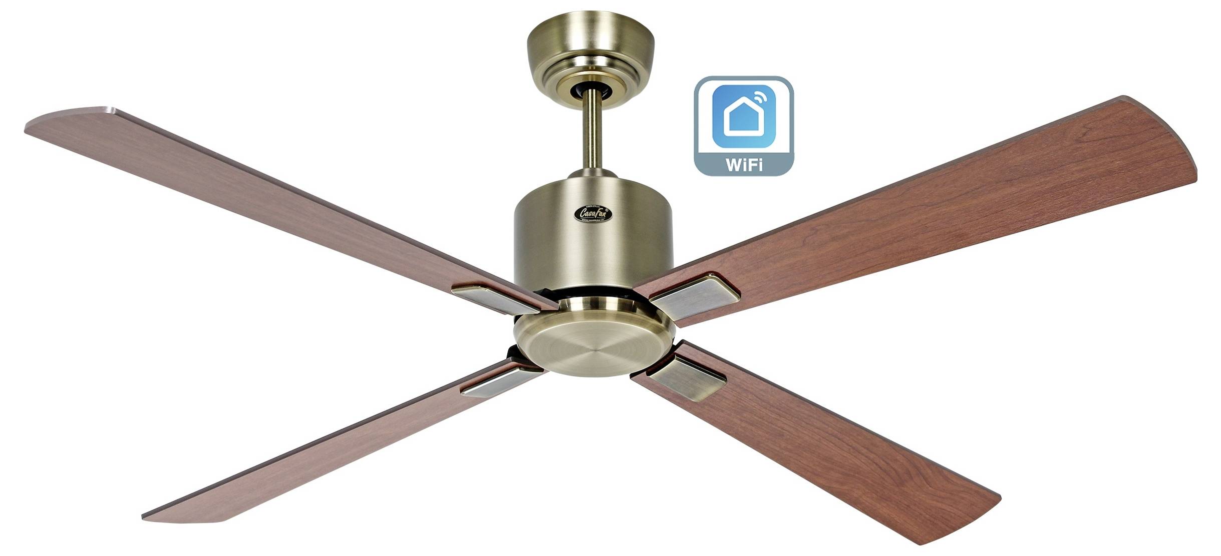 Ein Deckenventilator mit vier Holzflügeln, metallischer Oberfläche und einem 'WiFi'-Symbol, das intelligente Konnektivität anzeigt.