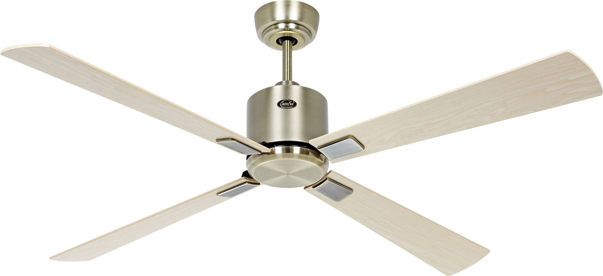 Ein Deckenventilator mit vier Holzflügeln und metallischer Oberfläche, an einer kurzen Stange montiert, für den Innenbereich konzipiert.