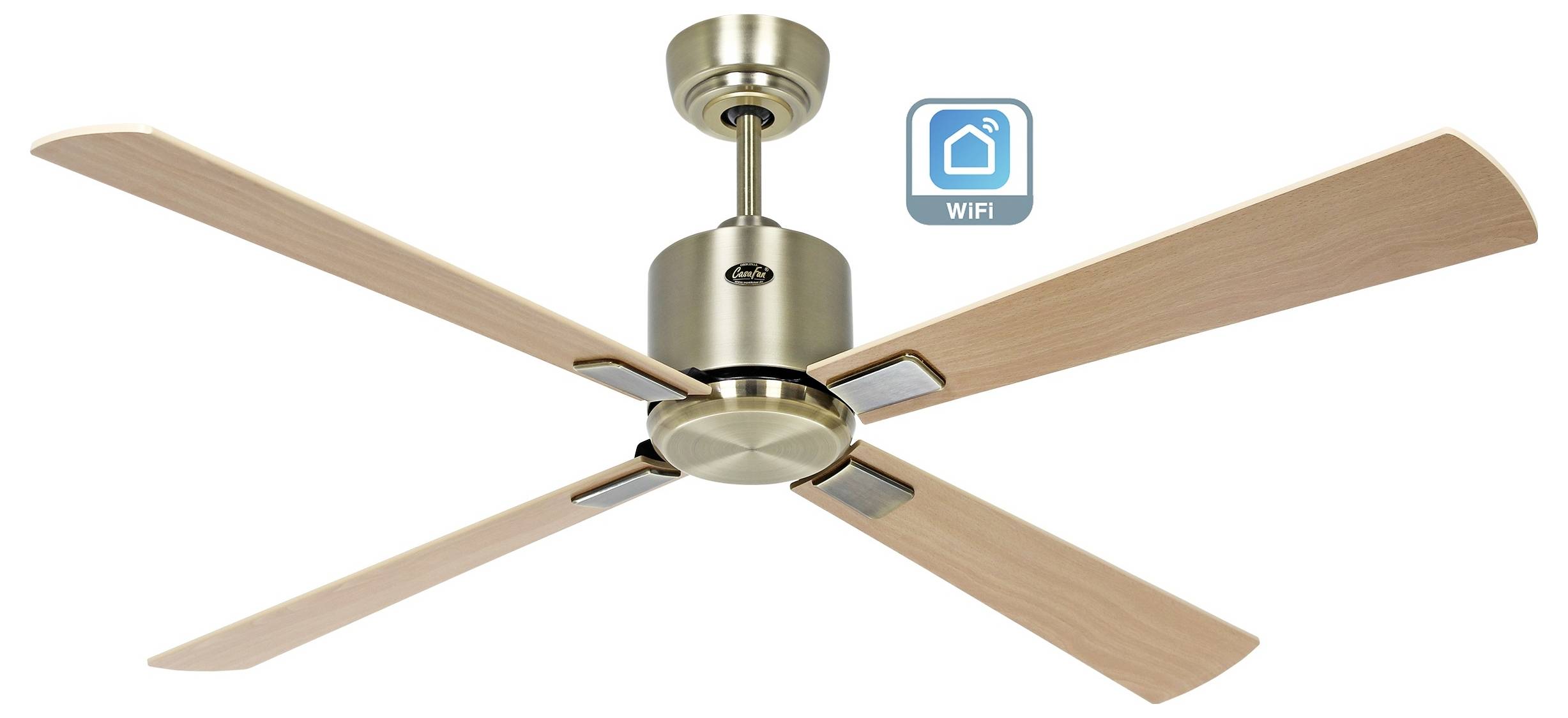 Deckenventilator mit vier Holzflügeln und metallischer Oberfläche, mit der Bezeichnung 'WiFi' versehen, um die intelligente Konnektivitätsfunktion anzuzeigen.