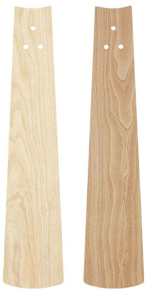 Zwei hölzerne Ventilatorflügel, einer hell und glatt, der andere dunkler mit ausgeprägter Maserung, beide mit drei Schraubenlöchern oben.