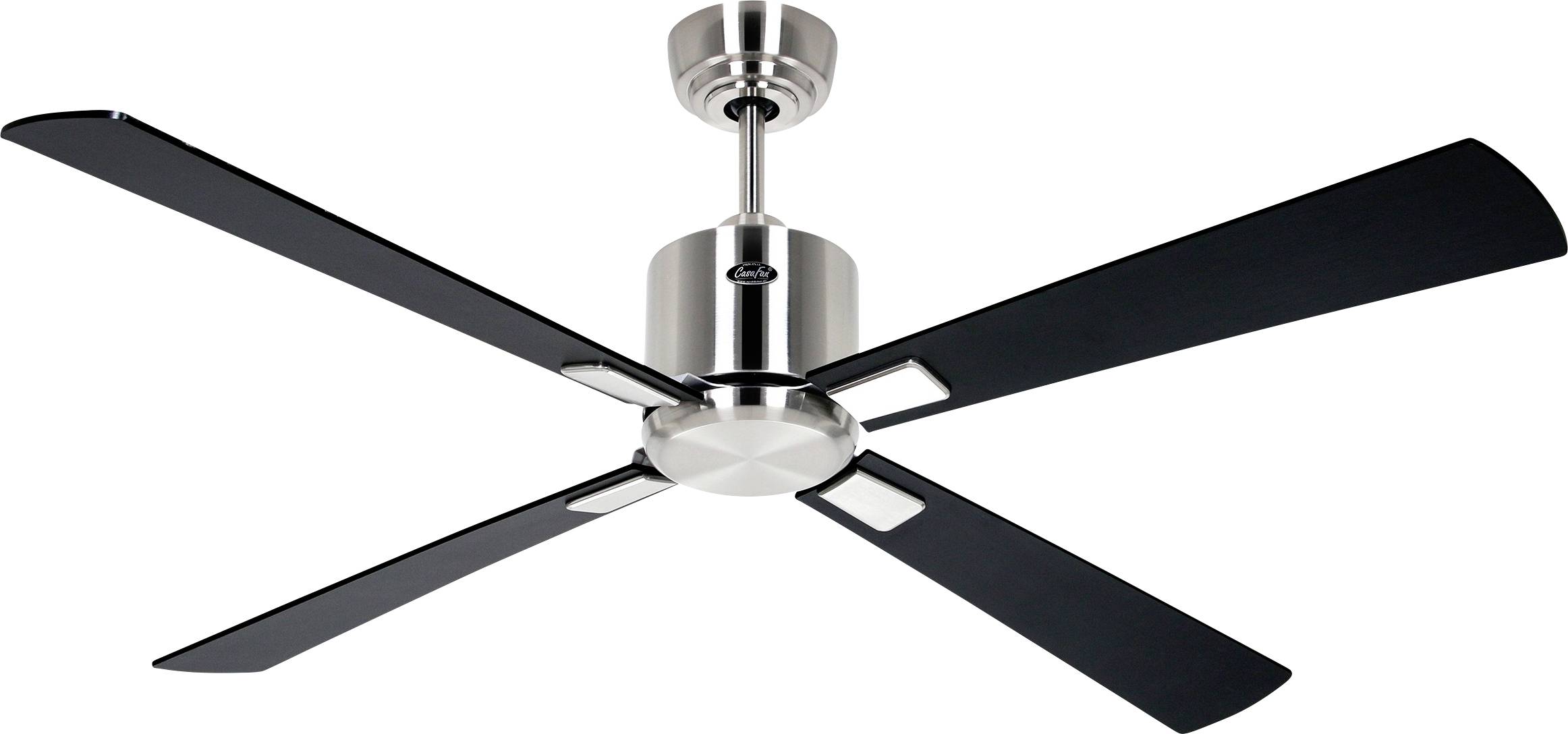 Ein moderner Deckenventilator mit vier schwarzen Flügeln und einem silbernen Zentrum, mit einem eleganten, minimalistischen Design.