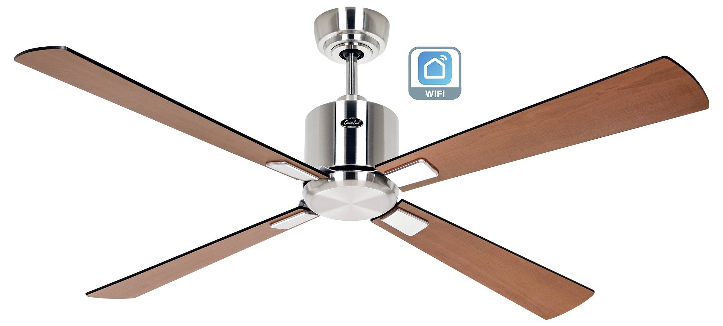 Ein moderner Deckenventilator mit vier Holzflügeln und metallischer Oberfläche, mit einem WLAN-Symbol, das die Smart-Home-Kompatibilität anzeigt.