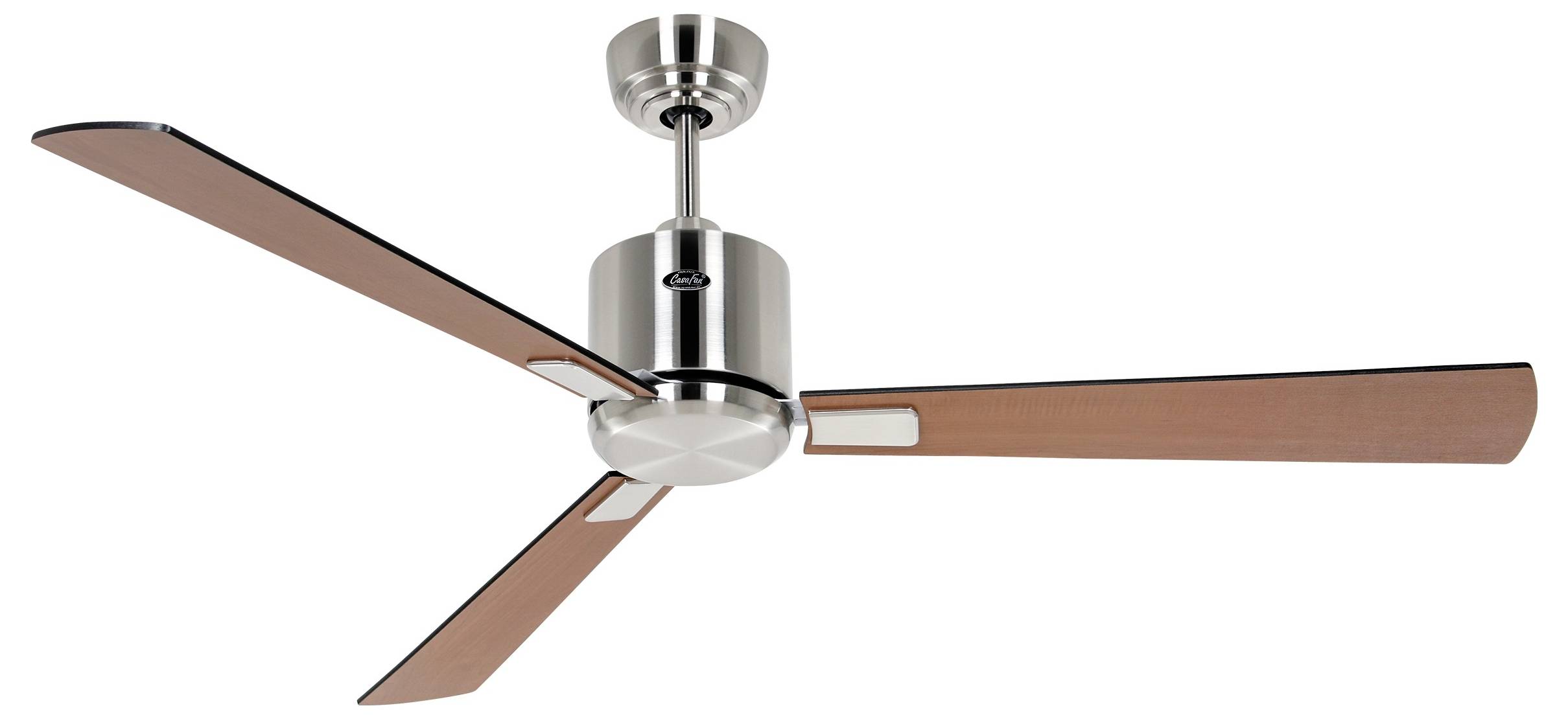 Ein Deckenventilator mit drei Holzflügeln und einem gebürsteten Metallfinish-Motor, entworfen für moderne Innenräume.