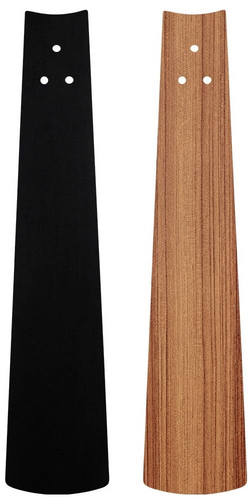 Zwei elegante, längliche Holz-Ventilatorblätter liegen nebeneinander; eines ist schwarz und das andere hat einen natürlichen Holzton mit einer subtilen Maserung.