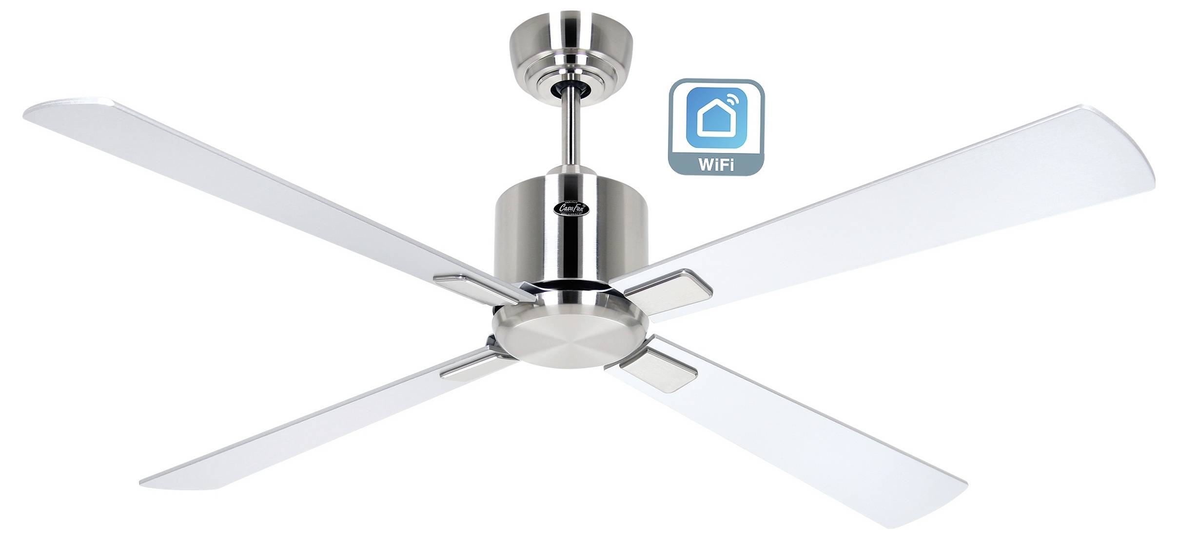 Ein eleganter, metallischer Deckenventilator mit vier Flügeln, ausgestattet mit WLAN-Funktionalität, angezeigt durch ein kleines blaues Symbol mit einem Haus-Icon.