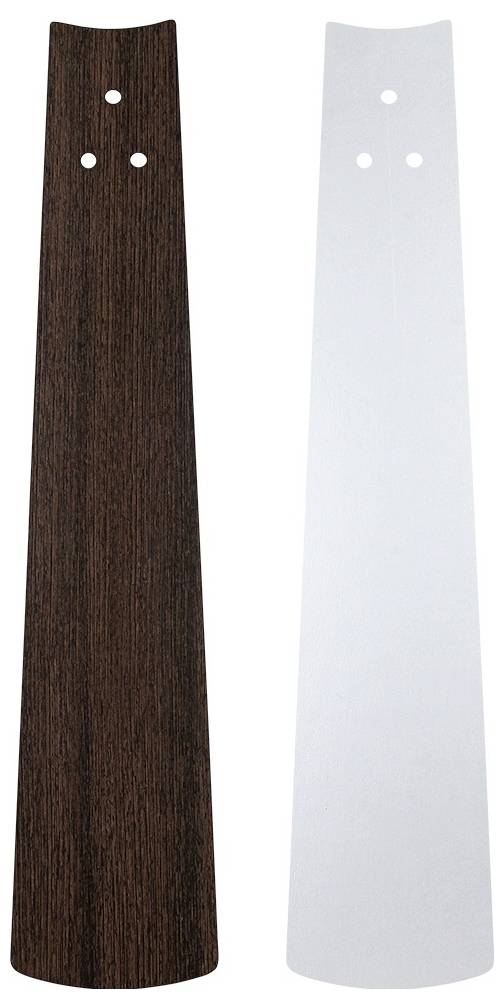 Zwei Ventilatorflügel: links ist dunkle Holzmaserung, rechts ist weiß. Beide haben drei Löcher zur Befestigung.